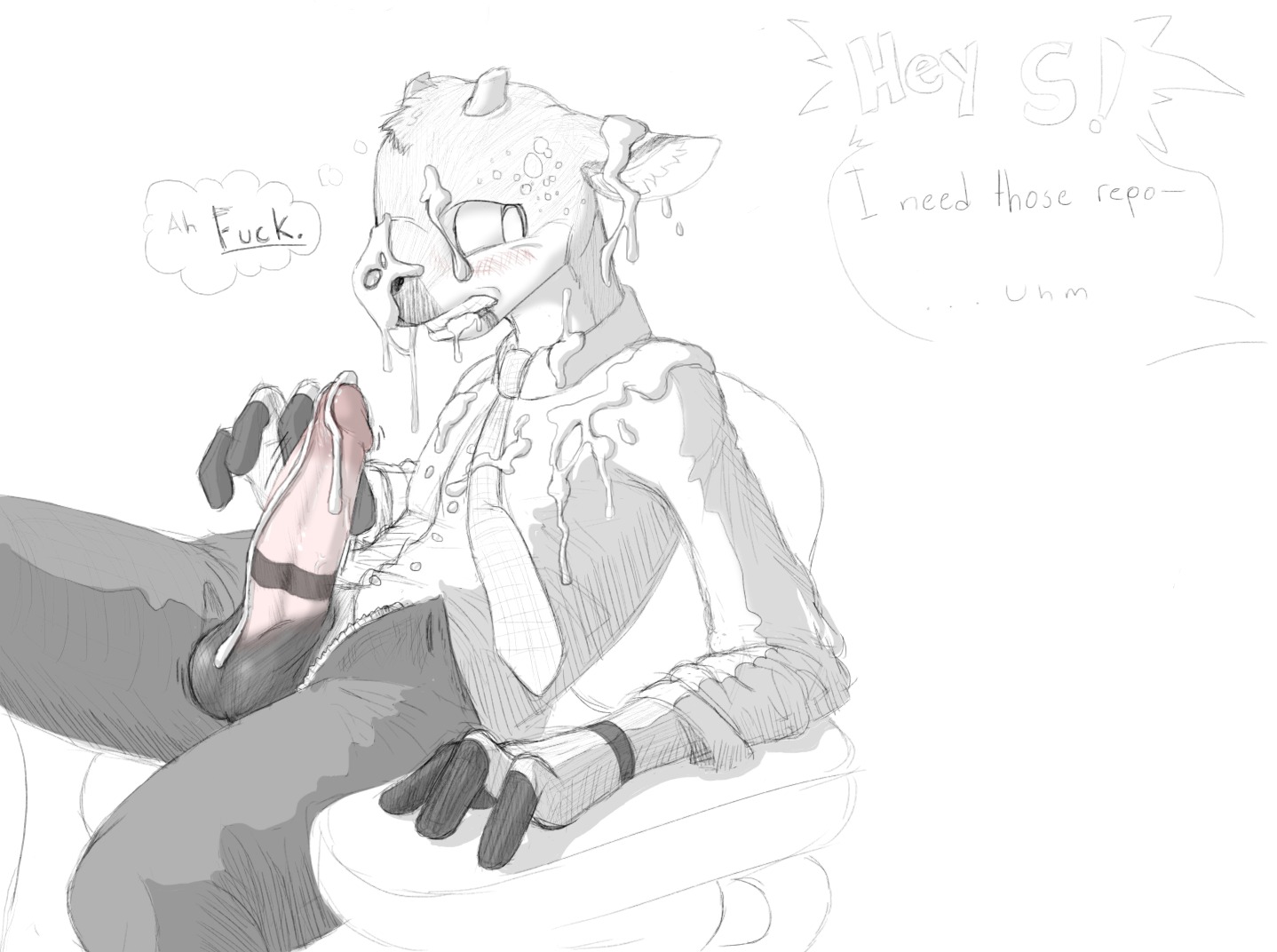 2013 accessory anthro antlers big_penis black_and_white blush bodily_fluids clothing cum cum_everywhere cum_on_clothing cum_on_face cum_on_own_face cum_on_penis cum_on_self deer e621 english_text erection excessive_cum excessive_genital_fluids genital_fluids genitals horn male mammal messy monochrome necktie orgasm penis profanity scruffythedeer solo speech_bubble text