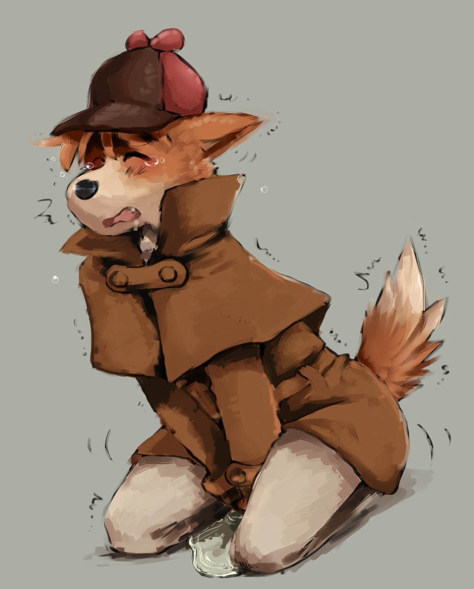 anthro bodily_fluids canid canine canis clothing coat domestic_dog e621 eyes_closed genital_fluids hat headgear headwear hi_res holding_crotch male mammal miri omorashi open_mouth peeing shaking sherlock_hound sherlock_hound_(series) simple_background solo tail tears topwear trembling urine urine_pool wetting
