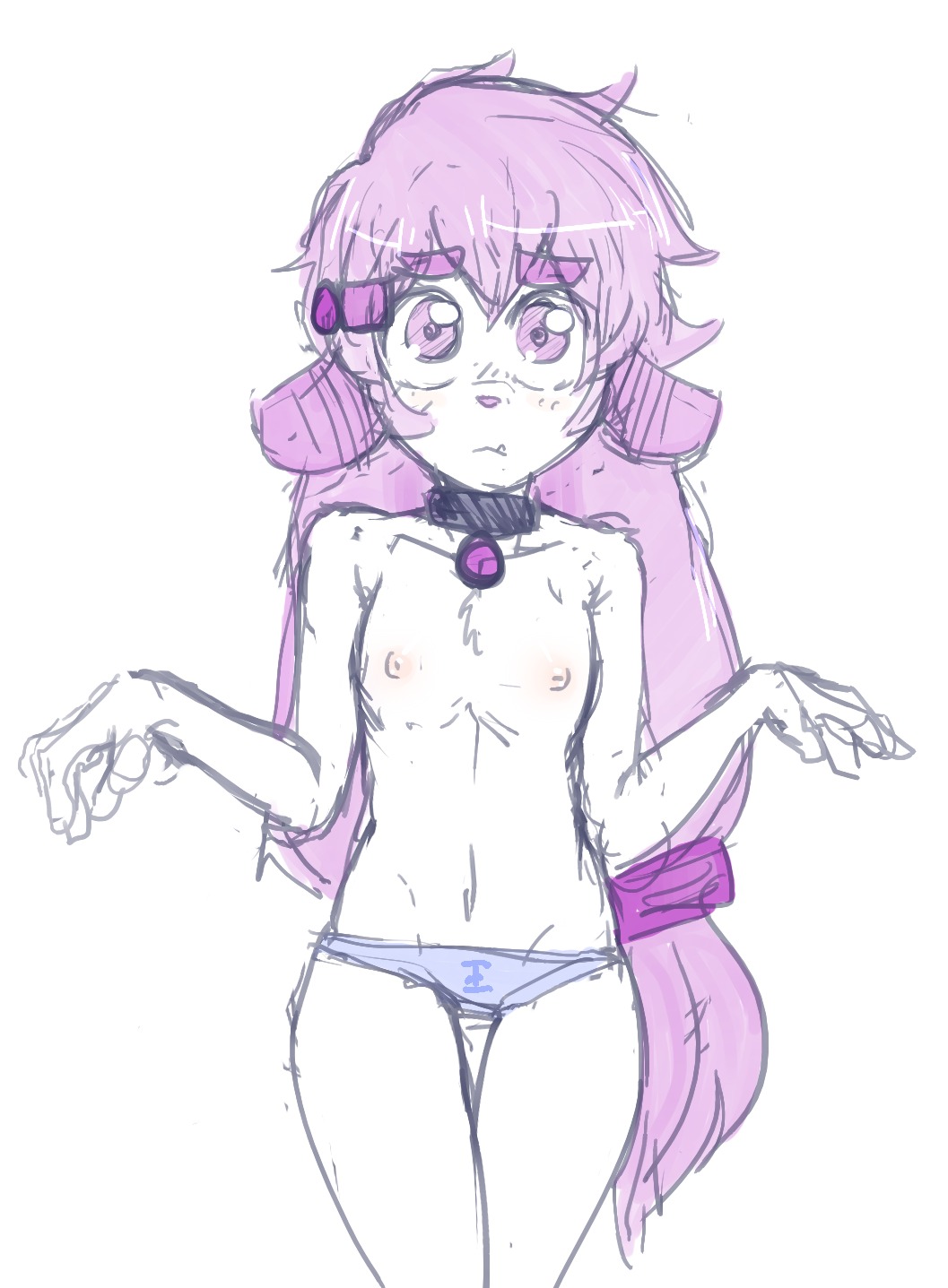 anthro canid canine canis clothed clothing domestic_dog e621 female flat_chested hair hi_res looking_at_viewer mammal nipples panties purple_eyes purple_hair senatorwong simple_background solo topless underwear white_background young young_anthro young_female