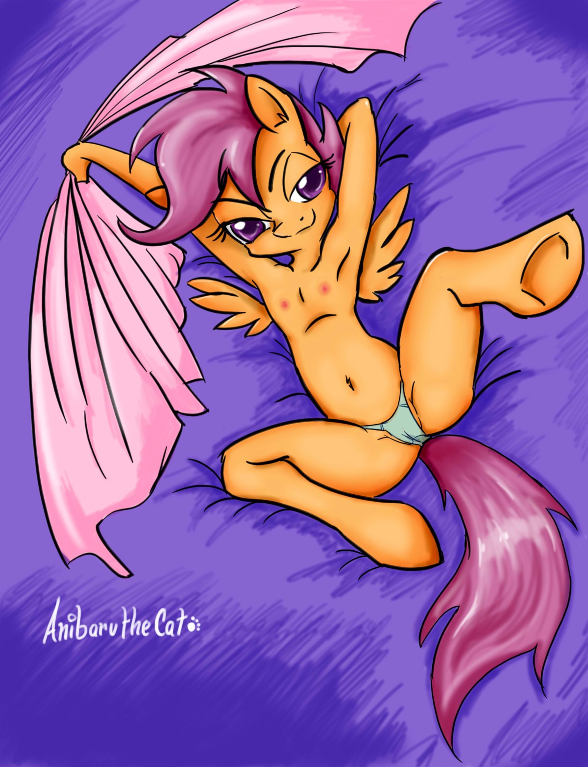 2014 anibaruthecat anthro anthrofied biped bodily_fluids camel_toe clothed clothing digital_media_(artwork) e621 equid equine feathered_wings feathers female friendship_is_magic fur genital_fluids genital_outline hair half-closed_eyes hasbro hi_res loli looking_at_viewer lying mammal my_little_pony mythological_creature mythological_equine mythology narrowed_eyes navel on_back orange_body orange_feathers orange_fur panties pegasus purple_eyes purple_hair scootaloo_(mlp) solo spread_legs spreading underwear vaginal_fluids vaginal_fluids_through_clothing vulva_outline wet wet_clothing wings young young_anthro young_female