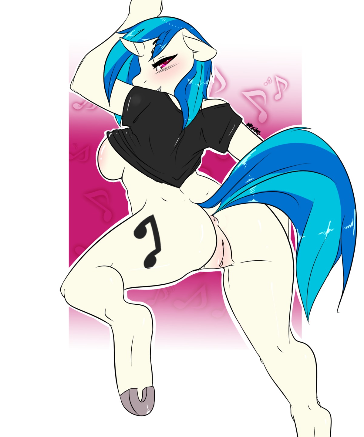 5:6 anthro anthrofied anus avante92 biped blush breasts butt clothing cutie_mark e621 equid equine female friendship_is_magic fur genitals hair hasbro hi_res hooves horn looking_at_viewer mammal multicolored_hair musical_note musical_symbol my_little_pony mythological_creature mythological_equine mythology raised_tail red_eyes shirt side_boob smile solo symbol tail teeth topwear two_tone_hair unicorn vinyl_scratch_(mlp) vulva white_body white_fur