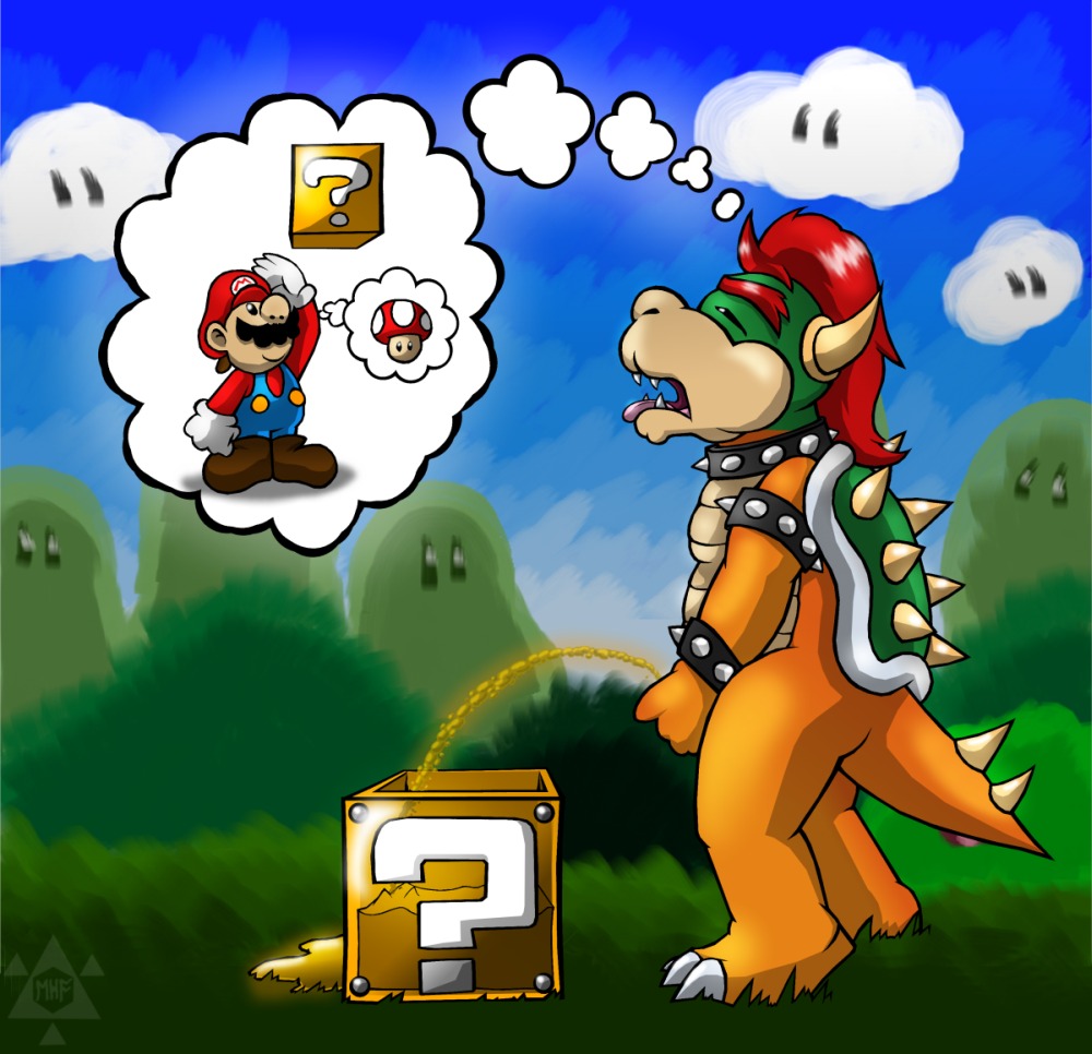 2010 ?_block anthro artist_logo biped bodily_fluids bowser clothing collar dragon_koopa e621 edofenrir facial_hair footwear fungus genital_fluids gloves hair handwear hat headgear headwear hill_with_eyes_(mario) human koopa logo long_hair male mammal mario mario_bros moan mushroom mustache nintendo open_mouth overalls peeing peeing_into_container red_hair relieved scalie shell shoes solo spiked_collar spikes standing super_mushroom tail teeth thought_bubble tongue urine urine_stream watersports