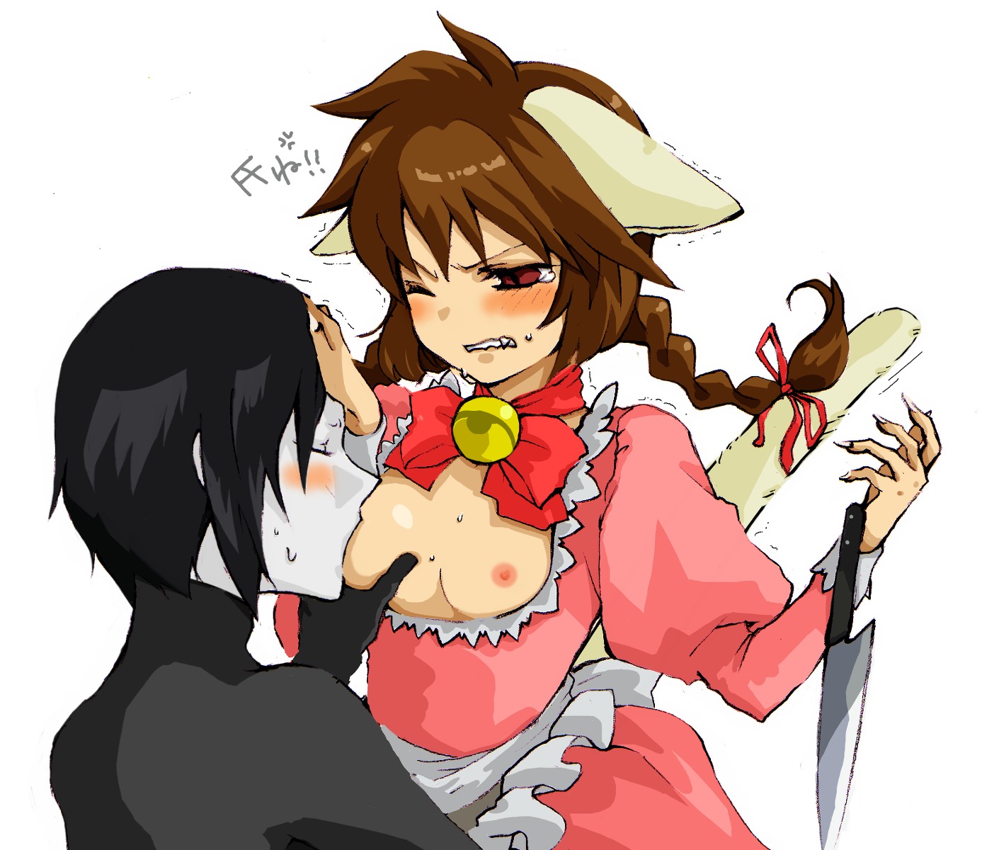 bell blush breast_sucking breasts brown_hair cat_ears dress eyes_closed female grimace knife light-skinned_male light_skin madotsuki male medium_breasts no_bra pale-skinned_male pale_skin red_eyes rule34 seccom_masada straight tail tears twin_braids wink yume_nikki