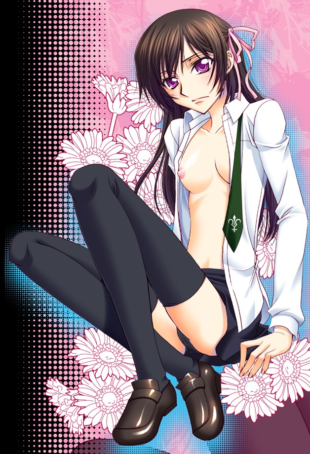 akira_asano black_hair black_panties blush breasts brown_hair code_geass female hair_ornament hair_ornaments hair_ribbon hair_ribbons lelouch_lamperouge long_hair luluko necktie nipples open_clothes open_shirt panties purple_eyes ribbon ribbons rule34 rule_63 shirt shoes shorts thighhighs underwear