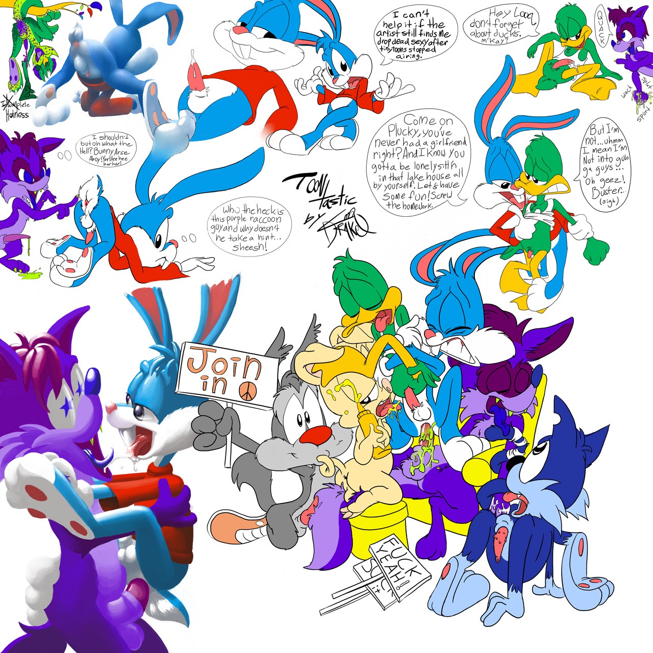 1:1 anal anal_penetration anatid anseriform anthro anus avian balls big_eyes big_head bird buster_bunny calamity_coyote canid canine canis coyote dialogue domestic_pig duck e621 english_text erection fan_character genitals group group_sex hamton_j._pig hi_res knock-kneed lagomorph leporid male male/male male_penetrated male_penetrating male_penetrating_male mammal nude penetration penis plucky_duck rabbit sex small_penis suid suine sus_(pig) tail text tiny_toon_adventures toony train_position warner_brothers young young_anthro
