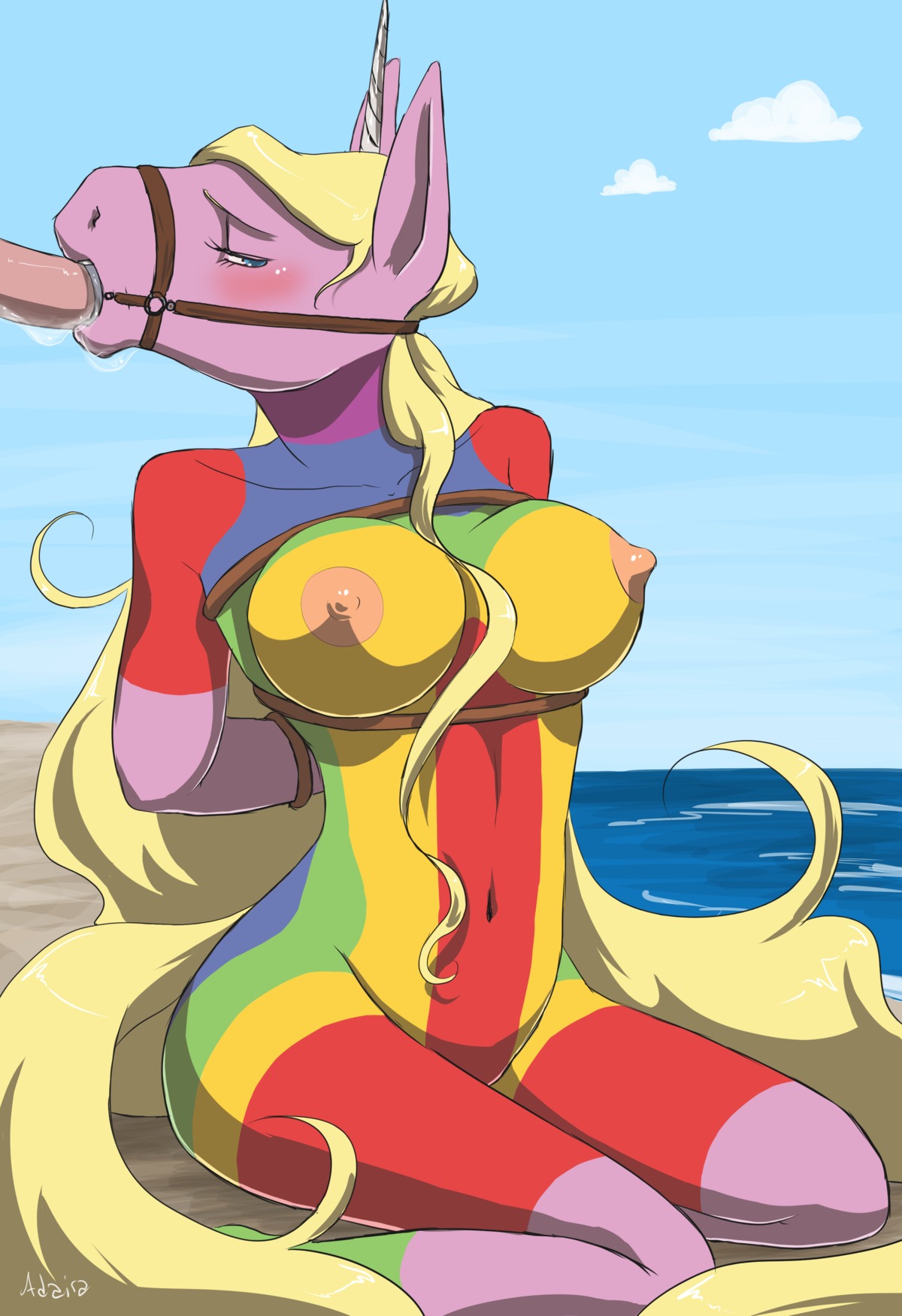 absurd_res adventure_time anthro anthrofied bdsm beach big_breasts blonde_hair blue_eyes blush bodily_fluids bondage bound breasts cartoon_network cloud cum cum_in_mouth cum_inside duo e621 equid equine erection fellatio female female_penetrated gag gagged genital_fluids genitals hair halter hands_behind_back harness harness_gag harness_ring_gag hi_res horn kneeling lady_rainicorn male male/female male_penetrating male_penetrating_female mammal mistressadaira muzzle_(object) mythological_creature mythological_equine mythology nipples nude open_mouth_gag oral oral_penetration outside parent_(lore) penetration penile penis rainicorn ring_gag seaside sex sex_on_the_beach sky unicorn