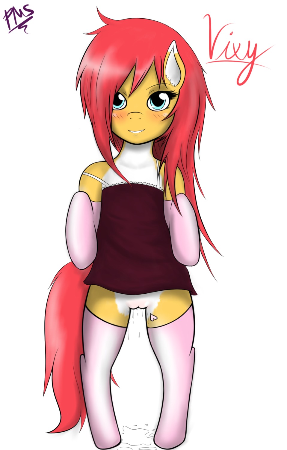 anthro blush bodily_fluids clothing dripping e621 equid equine female footwear genital_fluids genitals hair hasbro heart_symbol hi_res horse legwear mammal my_little_pony pony psychoticmindsystem red_hair socks solo tail vaginal_fluids vixy_hooves vulva young young_anthro