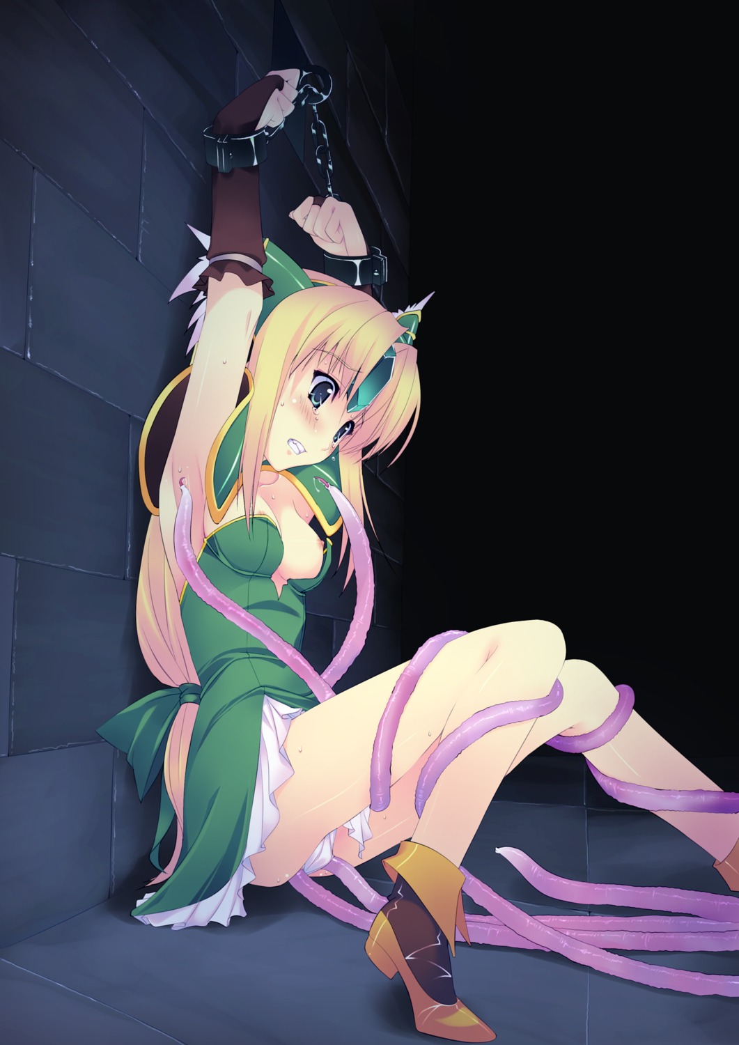 ambiguous_penetration blonde_hair blue_eyes bondage boots breasts cleavage cuffs dress female forehead_jewel highres human imminent_rape legs long_hair long_legs low-tied_long_hair murakami_suigun nipple_slip nipples panties riesz rule34 seiken_densetsu seiken_densetsu_3 shackles tear tentacle tentacle_under_clothes tentacles_under_clothes thighs underwear