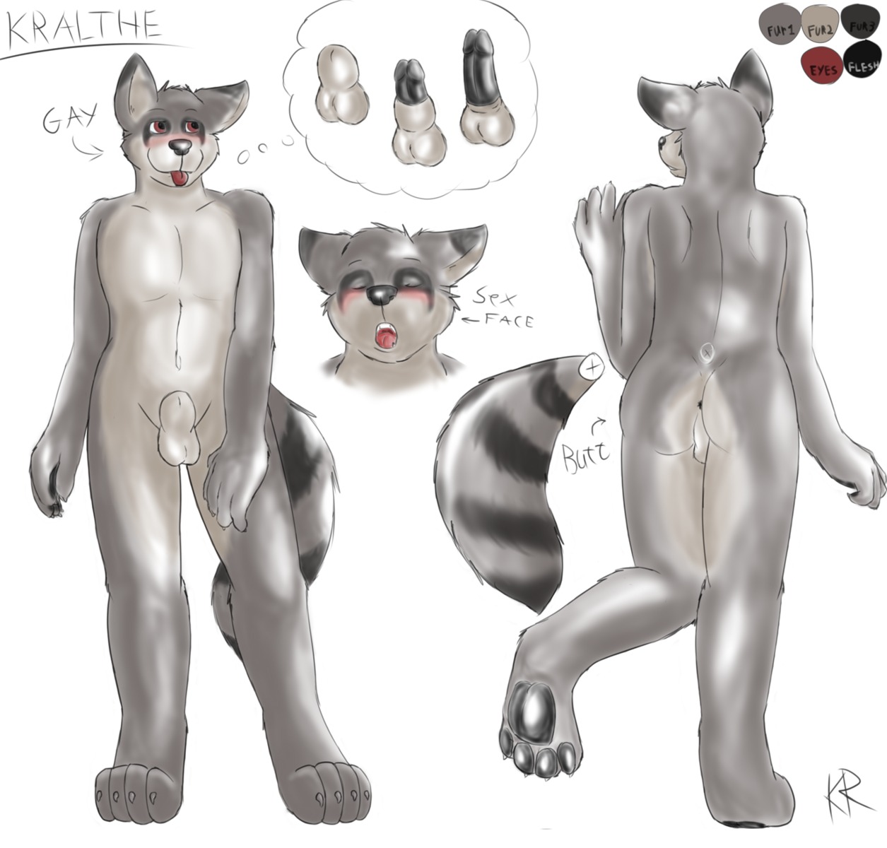 animal_genitalia anthro anus backsack balls black_penis blush butt e621 erection eye_markings fully_sheathed fur genitals grey_body grey_fur hi_res kralthe kralthe_(artist) male mammal markings model_sheet nude penis procyonid raccoon red_eyes sheath solo tail tan_body tan_fur tongue