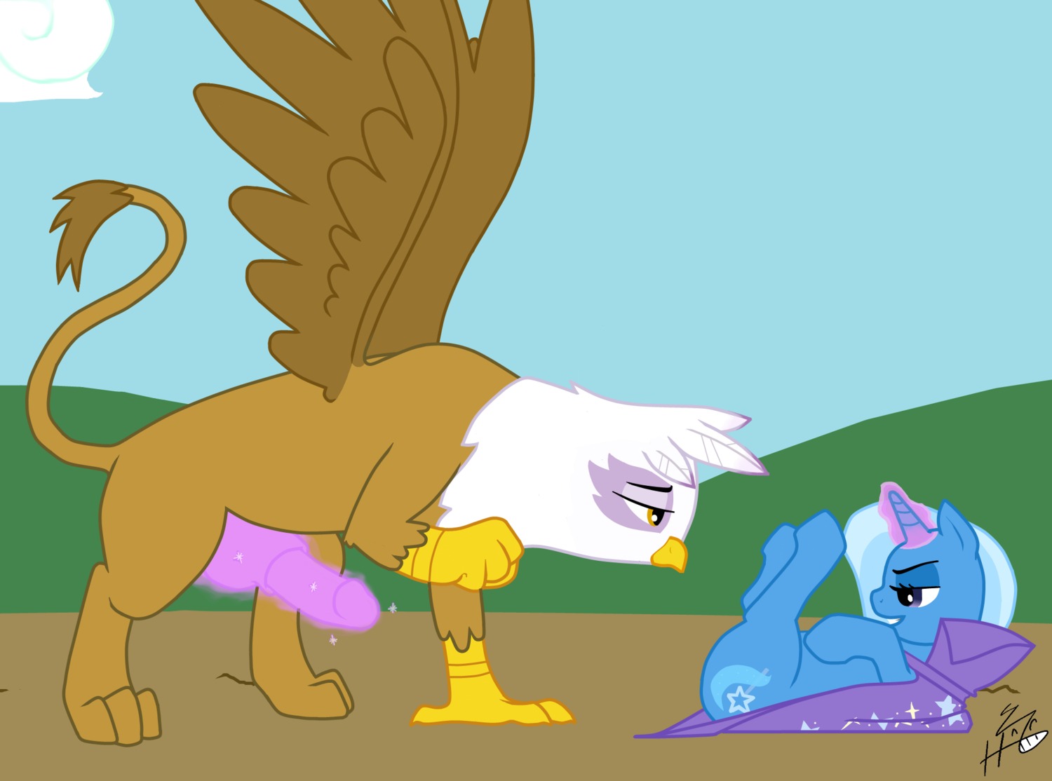 2013 avian beak crossgender cutie_mark duo e621 equid equine erection eye_contact feathered_wings feathers female feral friendship_is_magic genitals gilda_(mlp) gryphon half-closed_eyes hasbro herogrin hi_res horn legs_up looking_at_another lying magic magicjob male male/female mammal my_little_pony mythological_avian mythological_creature mythological_equine mythology narrowed_eyes nude on_back outside penis presenting signature sky tail trixie_(mlp) unicorn wing_boner wings