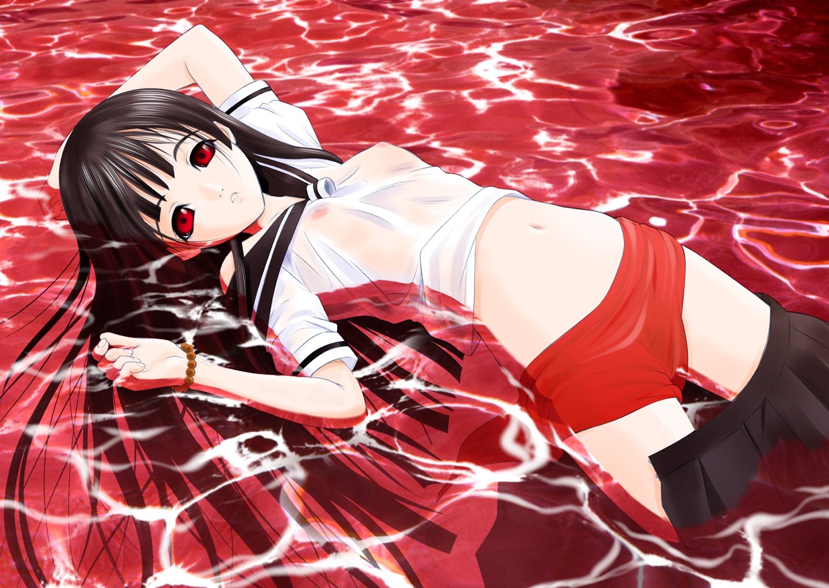 bangs black_hair blunt_bangs enma_ai female floating hime_cut jigoku_shoujo long_hair red_eyes rule34 school_uniform see-through serafuku takeshita_kenjirou water