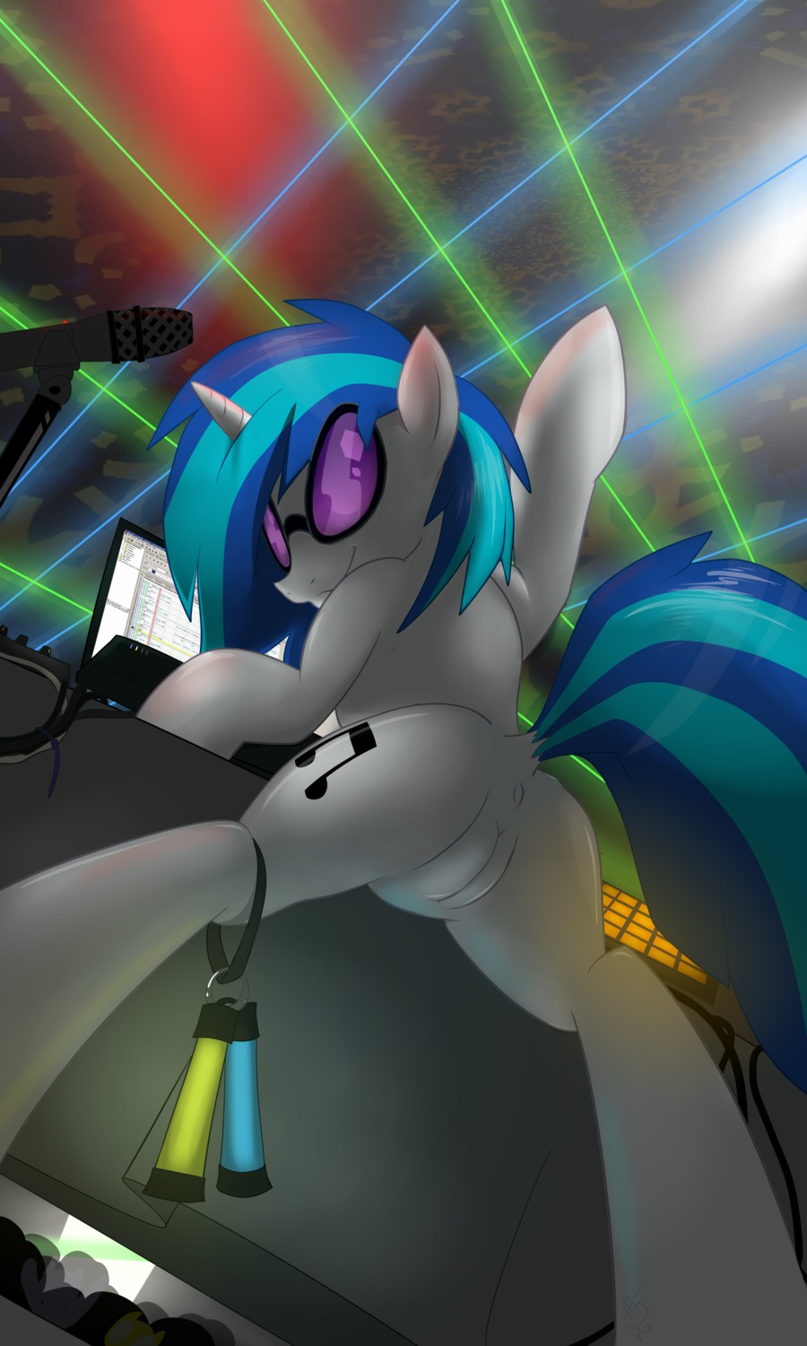 2013 3:5 absurd_res anus blue_hair butt computer cymek e621 electronics equid equine eyewear female feral friendship_is_magic fur genitals glowstick hair hasbro hi_res horn looking_at_viewer looking_back mammal microphone multicolored_hair my_little_pony mythological_creature mythological_equine mythology nude solo standing sunglasses tail two_tone_hair unicorn vinyl_scratch_(mlp) vulva white_body white_fur