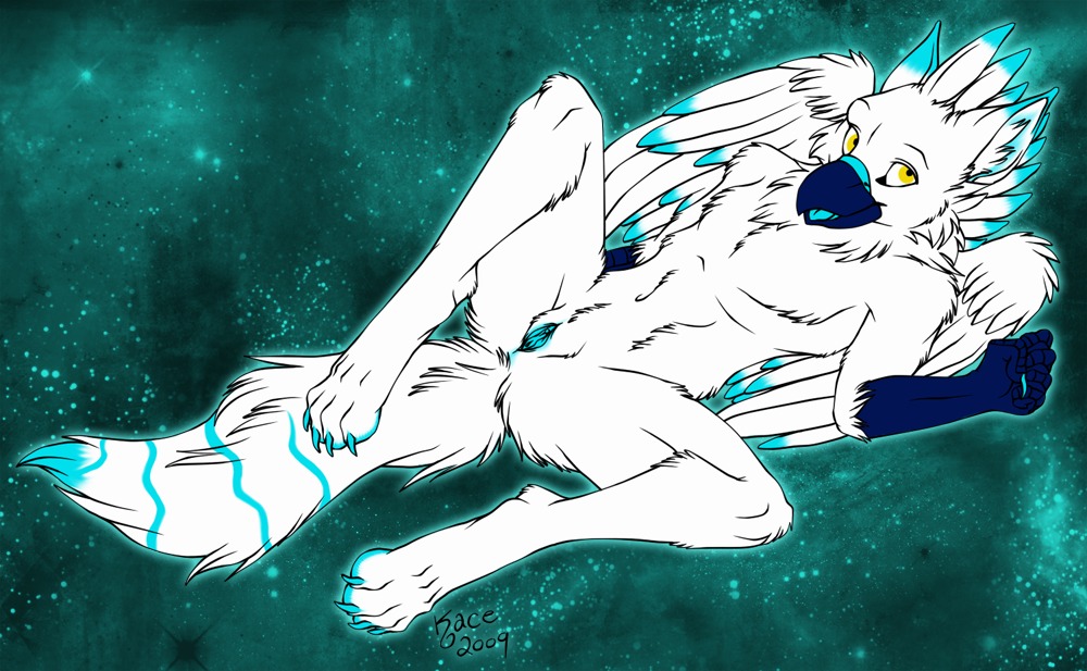 2009 andromorph anthro avian beak biped blue_markings clitoris e621 feathered_wings feathers fur genitals gryphon intersex kcravenyote lying markings mythological_avian mythological_creature mythology nude on_back presenting solo spread_legs spreading tail vulva white_body white_fur wings zuzu_frostwing