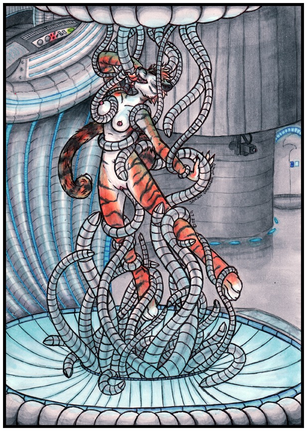 anthro border breasts camera claws drakainadawn e621 eyes_closed felid female fur genitals machine mammal nipples orange_body orange_fur pantherine penetration solo spacecraft submissive tentacles tiger traditional_media_(artwork) vaginal vaginal_penetration vehicle vulva white_body white_border white_fur
