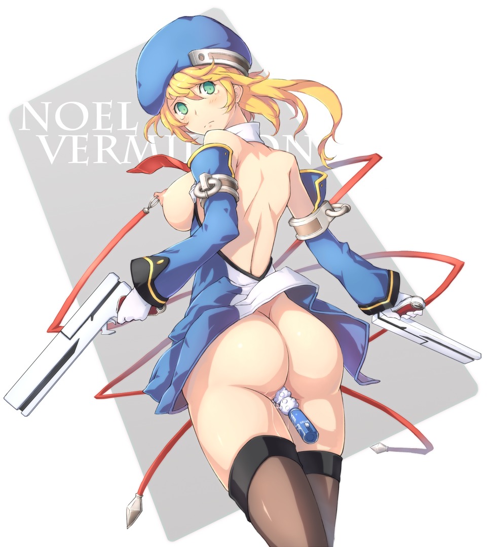 1girls anal_beads ass bare_shoulders beret blazblue blonde_hair blush bolverk breasts detached_sleeves dual_wielding female female_only gloves green_eyes gun hat larasuke looking_back nipple_piercing nipples no_panties noel_vermillion piercing pussy pussy_juice revision rule34 solo tear thighhighs vibrator weapon