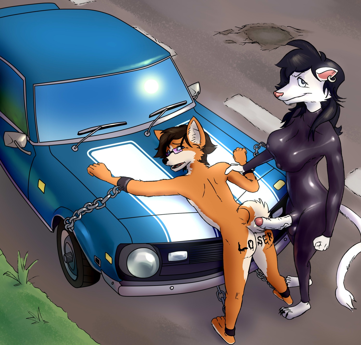 4_toes absurd_res anthro balls bdsm black_hair black_nose breasts brown_hair butt canid canine canis car chain dawmino digital_media_(artwork) domestic_dog duo e621 ear_piercing english_text erect_nipples erection eyewear feet felid foreskin fur genitals glasses gynomorph gynomorph/male hair herding_dog hi_res humanoid_genitalia humanoid_penis humiliation intersex intersex/male latex lion looking_at_viewer looking_back male mammal nipples nude on_hood pantherine partially_retracted_foreskin pastoral_dog paws penis piercing pink_nose smile suule_(character) text toes vehicle vein veiny_penis welsh_corgi white_body white_fur