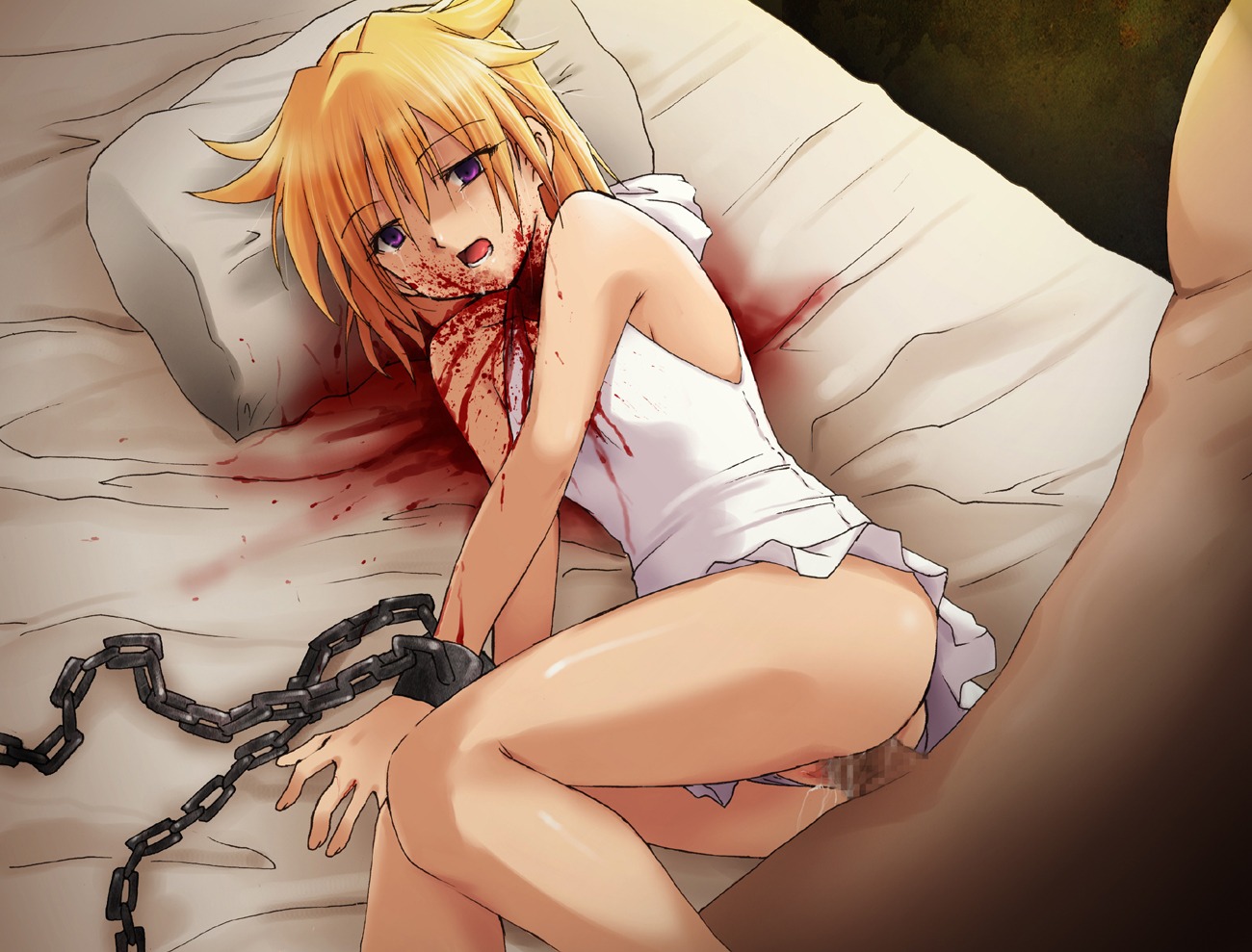 bed beige_skin bleeding blonde_hair blood blood_spray blood_stain bound brown_skin chain clothing color cut_throat eyes female gore guro hair human injury interracial male mouth nudity open_eyes open_mouth open_wound penis pillow purple_eyes pussy rule34 sex shackle skin straight tear throat_slit vaginal_insertion vaginal_penetration vulva wound