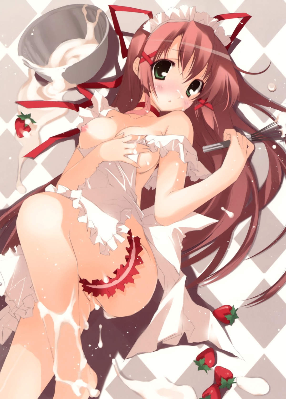 brown_hair cream female garter green_eyes hadaka_apron long_hair mokamoka nipples nopan rule34 solo