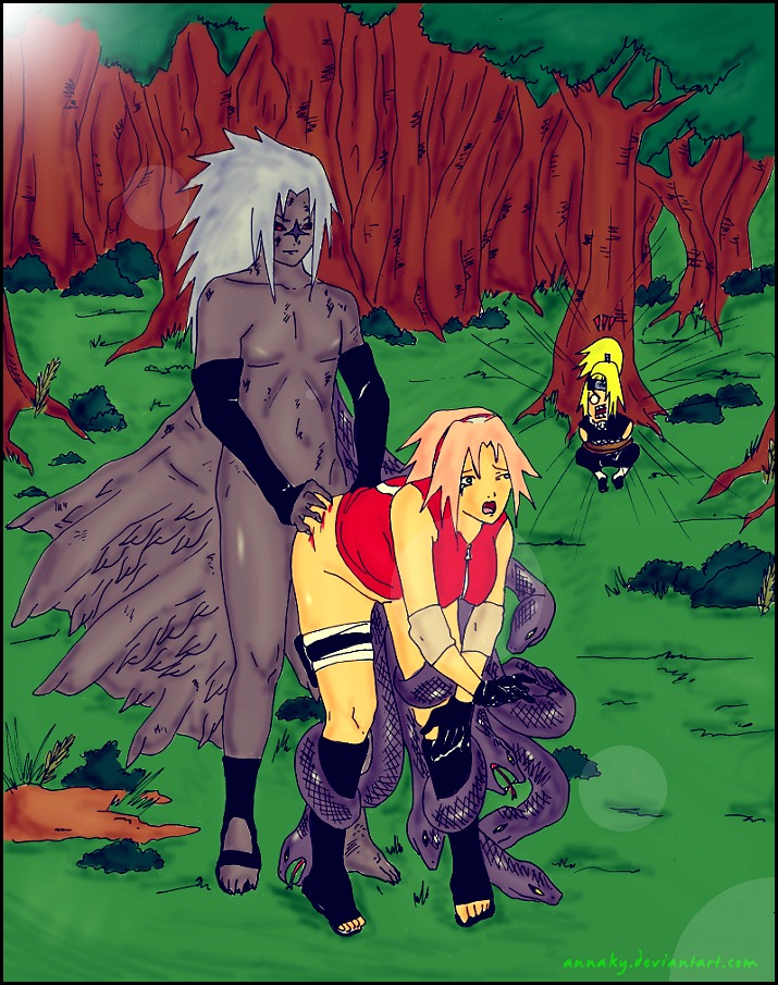 bent_over blonde_hair crying deidara doggy_style female from_behind green_eyes human husband_and_wife male naruto naruto_(series) outdoors restrained rope rope_bondage rule34 sakura_haruno sasuke_uchiha second_stage_curse_mark snake straight tagme tied_up tree wings