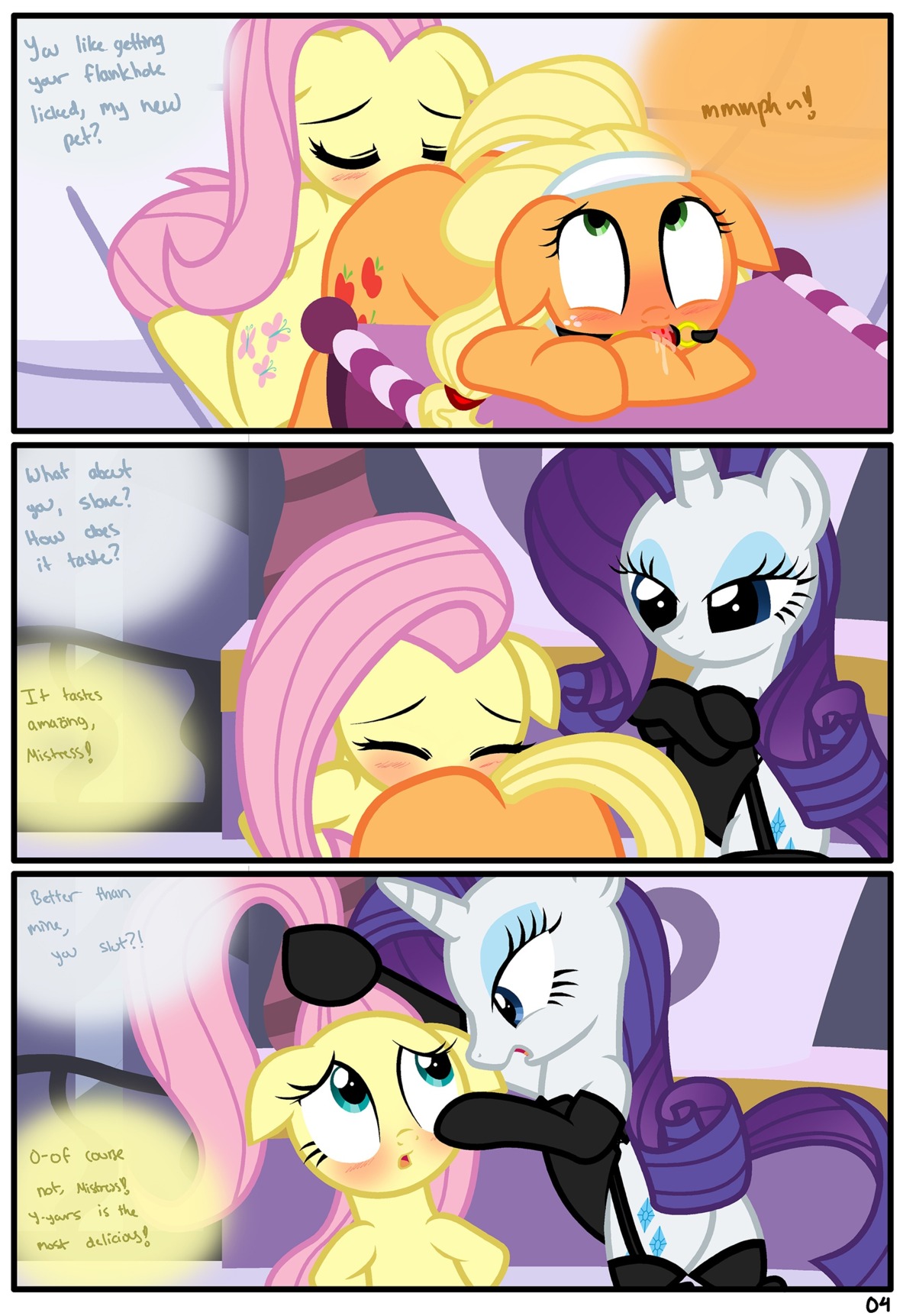 absurd_res anal applejack_(mlp) blue_eyeshadow comic e621 earth_pony equid equine eyeshadow feathered_wings feathers female female/female feral fluttershy_(mlp) friendship_is_magic fur group hasbro hi_res horn horse makeup mammal my_little_pony mythological_creature mythological_equine mythology oral orange_body orange_fur pegasus pony pyruvate rarity_(mlp) rimming sex tail unicorn white_body white_fur wings yellow_body yellow_feathers yellow_fur