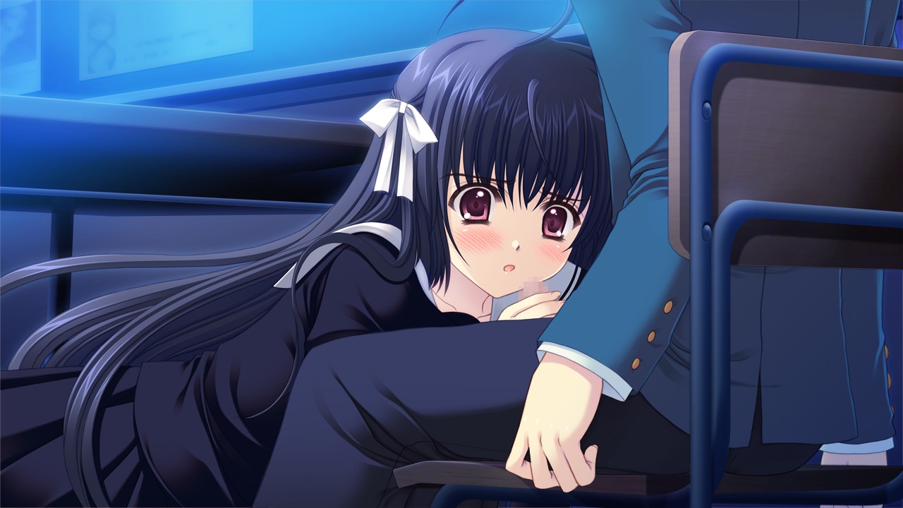 black_hair censored fellatio female game_cg hair hananomiya_ako long_hair male nishimata_aoi oral penis purple_eyes rule34 seifuku sekai_seifuku_kanojo