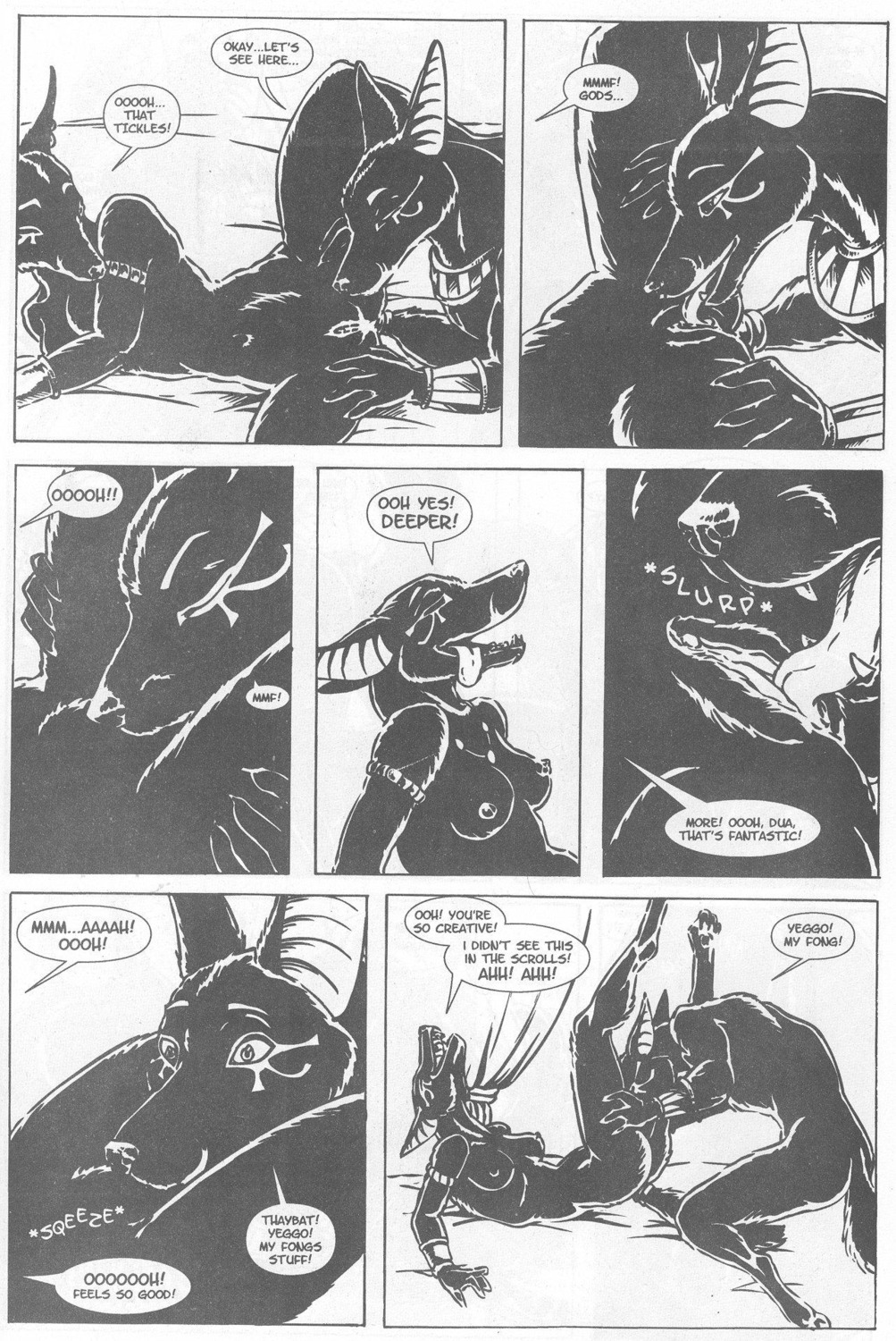 2000s_(media) anthro anthro_on_anthro anubian_jackal anubis_dark_desire bed black_and_white breasts canid canine canis comic dialogue domestic_dog duamutef duo e621 egyptian english_text female fur furniture heather_bruton hi_res jackal khaybat male male/female mammal monochrome nipples sex tail text traditional_media_(artwork)