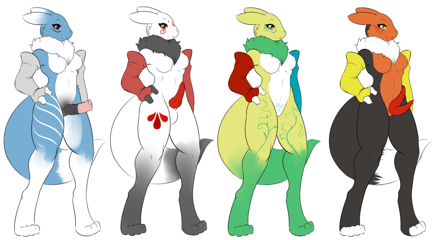 alternate_color anthro bandai_namco blue_body blue_fur breasts canid canine deskai digimon digimon_(species) digital_media_(artwork) e621 erection fan_character female fur genitals group gynomorph hi_res intersex mammal mostly_nude nightfaux penis renamon tail white_body white_fur