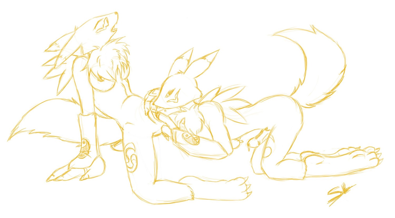 all_fours anthro anthro_on_anthro bandai_namco bent_over black_sclera bodily_fluids breasts canid canine clothing cum cunnilingus digimon digimon_(species) duo e621 erection eyes_closed female fur genital_fluids genitals gloves handwear hi_res intraspecies licking male male/female mammal monochrome oral orange_and_white penis precum renamon sex sketch tail tongue tongue_out unknown_artist vaginal vulva