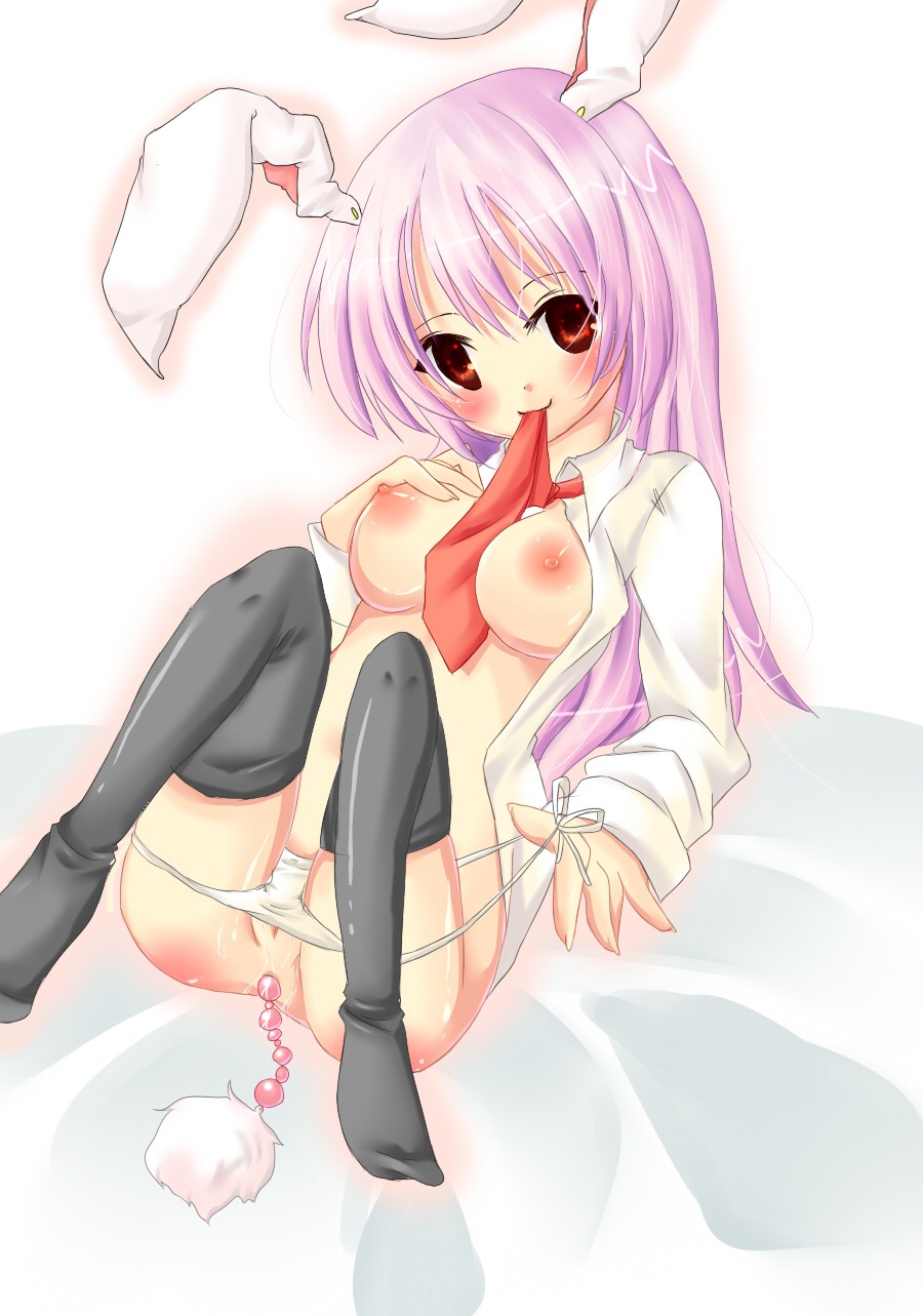 anal anal_beads anal_beads_tail blush breasts female no_pants on_back open_clothes open_shirt panties pussy pussy_peek reisen_udongein_inaba rule34 sex_toy tagme thighhighs touhou white_panties
