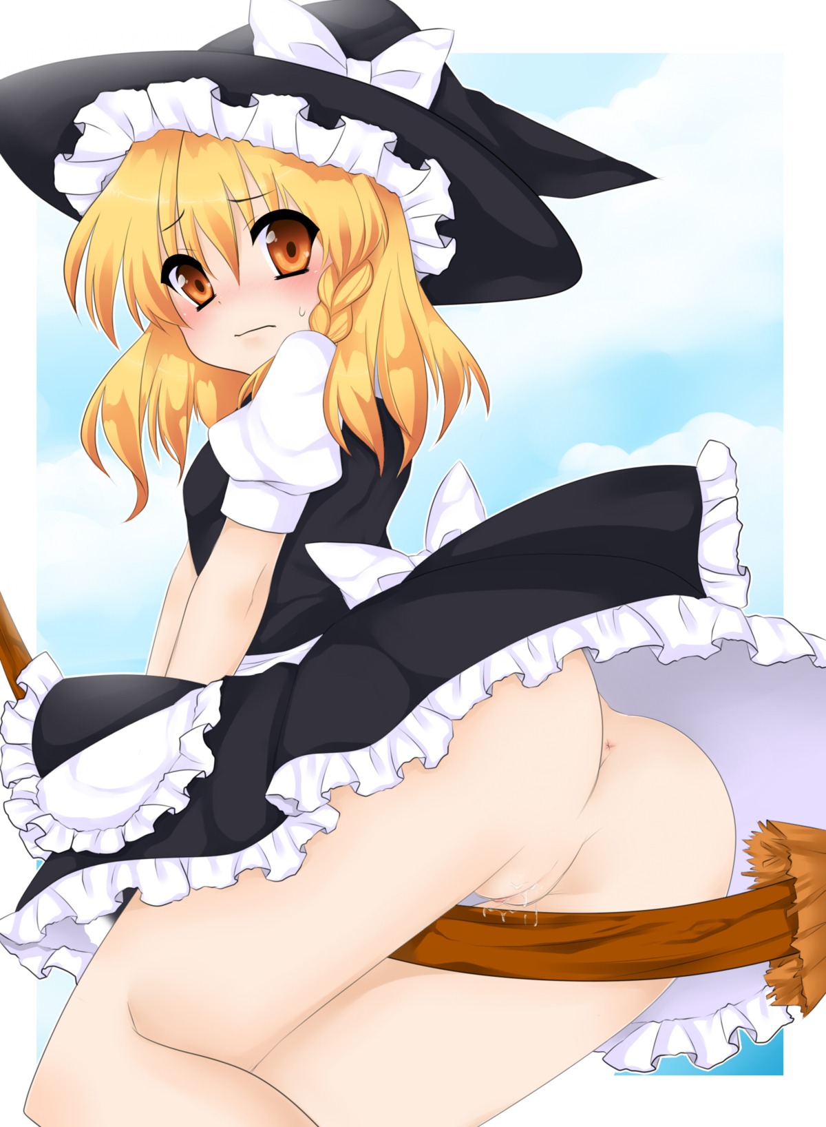 anus ass blonde_hair blush bow braid broom brown_eyes error female hat highres human marisa_kirisame no_panties pussy pussy_juice rule34 side_braid solo sweatdrop tiny_anus touhou witch_hat yami_nabe