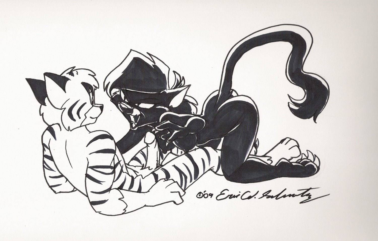 2009 anthro breasts butt claws darke_katt domestic_cat duo e621 erection eric_schwartz felid feline felis female genitals hi_res in_heat male male/female mammal nipples nude pantherine penis rush tail tiger