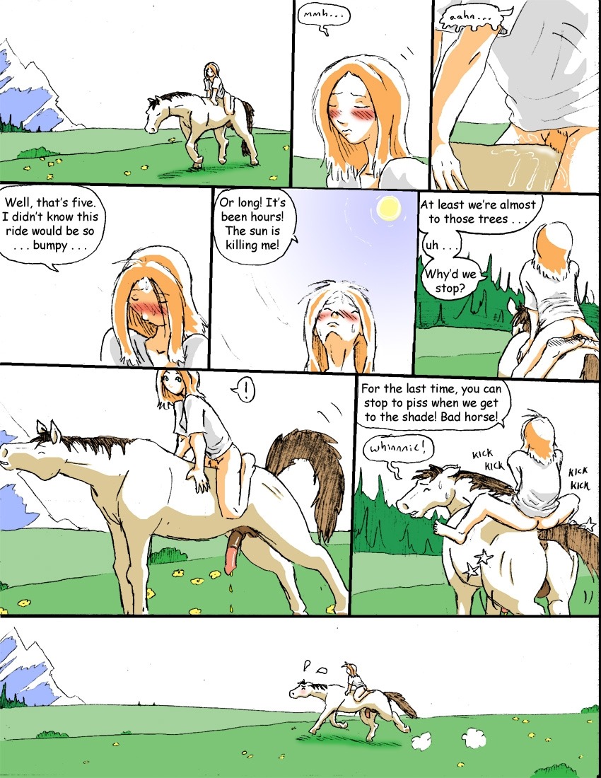 anatomically_correct anatomically_correct_genitalia anatomically_correct_penis animal_genitalia animal_penis anus barefoot blush bodily_fluids bottomless butt clothed clothing comic damsel_(reiger) day dialogue duo e621 english_text equid equine equine_genitalia equine_penis eyes_closed feet female feral field flower genital_fluids genitals half-erect horse human male mammal meadow mountain nude omorashi orgasm outside peeing penis plant pubes quadruped reiger riding speech_bubble sun tail text urine vaginal_fluids vulva