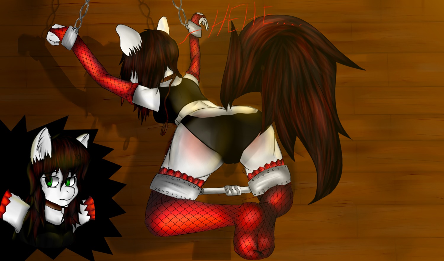 armwear bdsm bondage bound bridal_gauntlets brown_hair clothing cuff_(restraint) duo e621 english_text equid equine female fishnet_clothing gloves green_eyes hair handwear hasbro hi_res horse legwear mammal my_little_pony rear_view restraints shackles text thigh_highs unknown_artist white_body