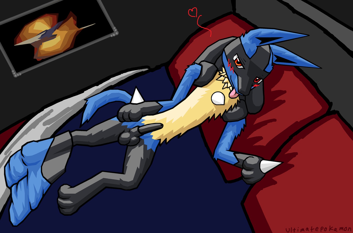 anthro bed blush canine color fur furry indoors lucario lying male male_only nude on_side penis pokemon pokemon_(species) rule34 solo tagme