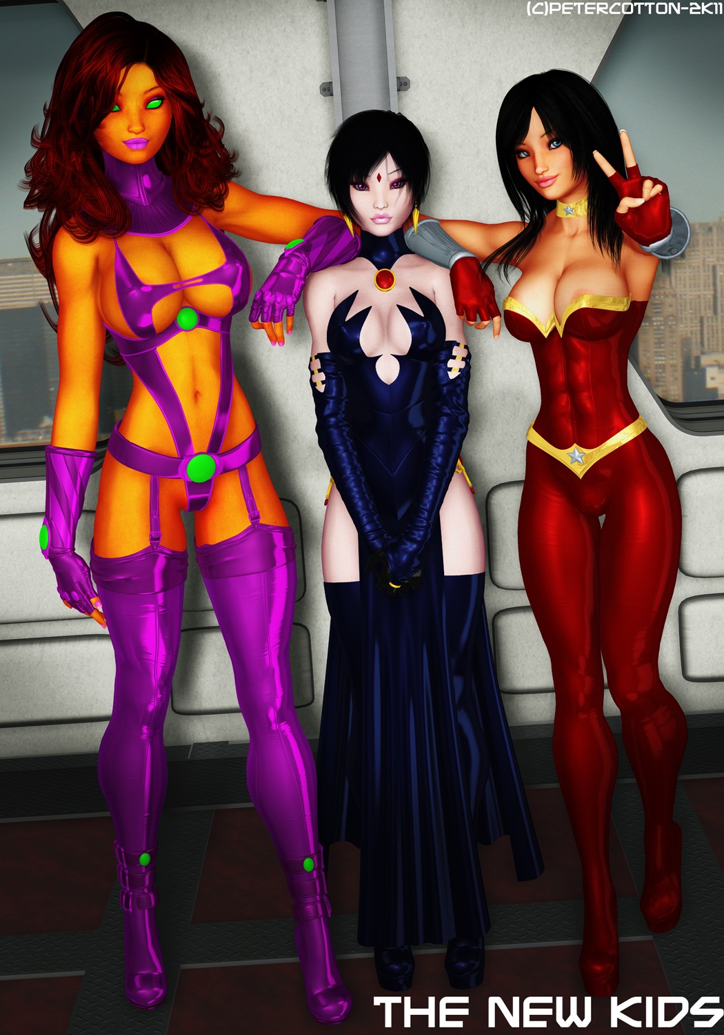 3d 3girls areola areola_slip breasts dc dc_comics donna_troy female female_only garter_belt koriand'r multiple_females multiple_girls navel petercotton raven_(dc) rule34 signature starfire starfire_(comics) stockings teen_titans text thighhighs wonder_girl wonder_woman_(series)