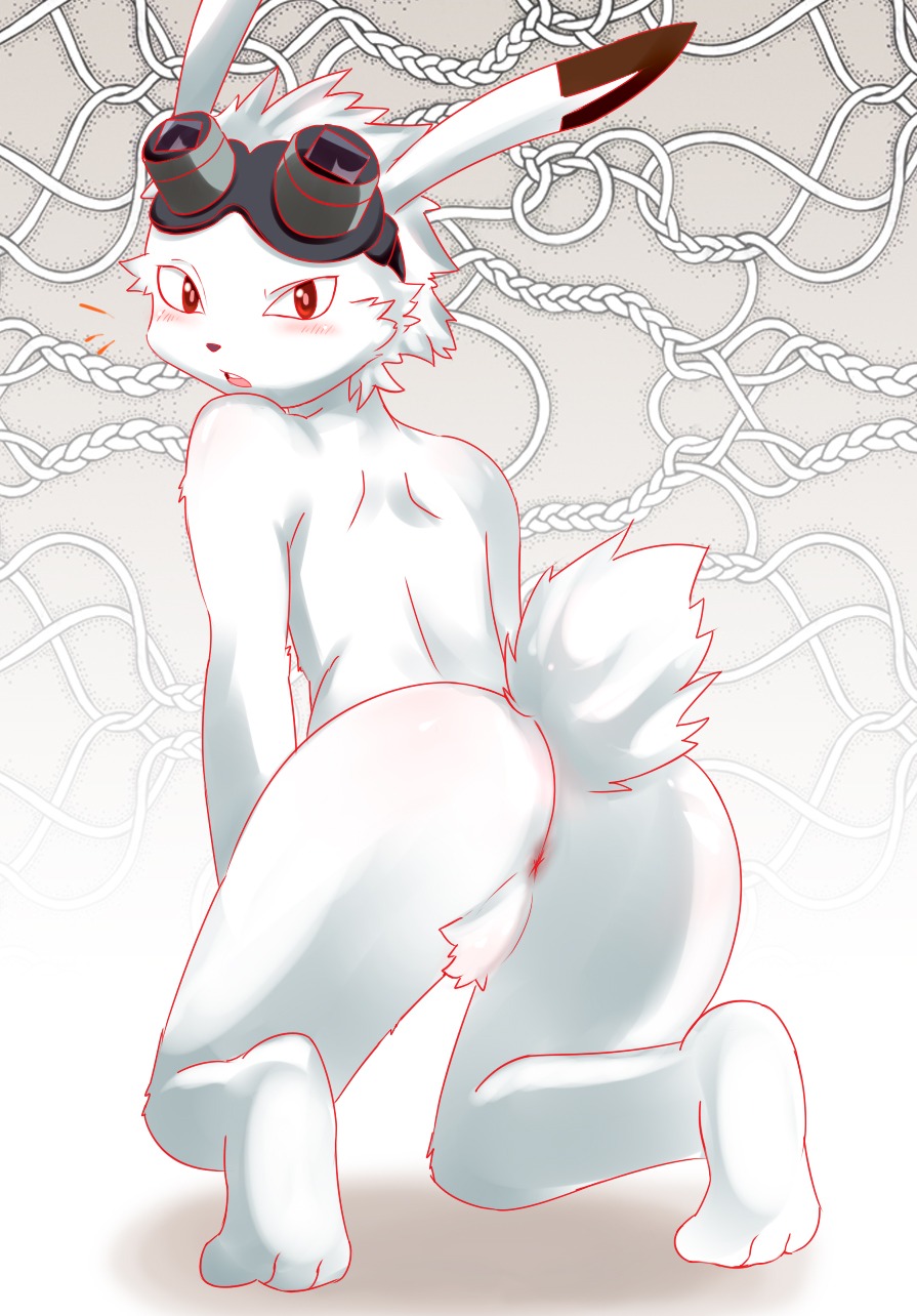 3_toes anthro anus backsack balls biped blush butt dipstick_ears e621 ear_markings eyewear eyewear_on_head feet fur genitals goggles goggles_on_head hair hi_res king_kazma kneeling lagomorph leporid long_ears looking_back male mammal markings multicolored_ears nude nyota_(artist) open_mouth rabbit rear_view red_eyes short_hair short_tail solo summer_wars tail toes white_body white_fur white_hair young young_anthro young_male