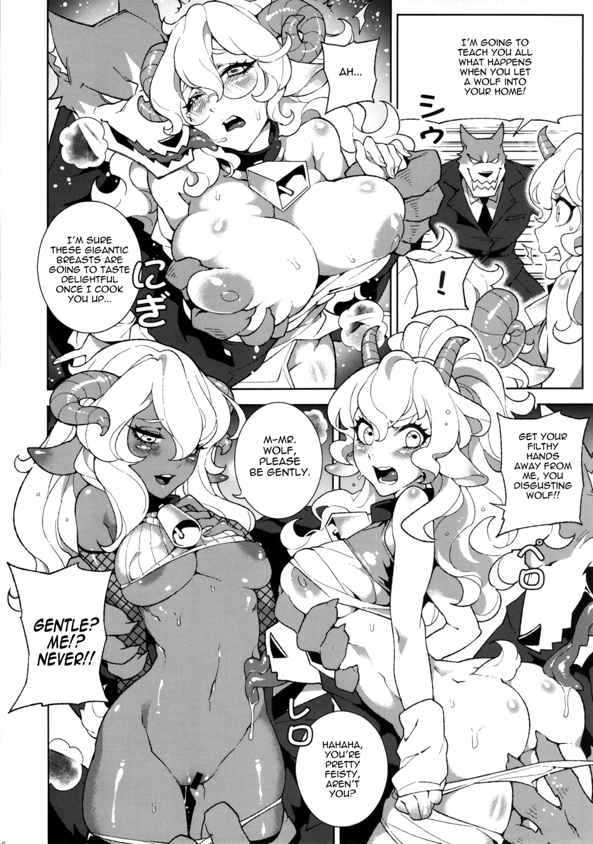 absurd_res anthro bell big_bad_wolf big_breasts bovid breast_grab breasts canid canine canis caprine clothed clothing collar comic cowbell dialogue dress e621 english_text exclamation_point fairy_tales female fishine genitals goat greyscale grope group hand_on_breast hi_res horizontal_pupils horn interspecies male mammal monochrome nipples panties panties_down partially_clothed predator/prey pupils text the_wolf_and_the_seven_little_goats tongue tongue_out underwear underwear_down undressing vulva wolf