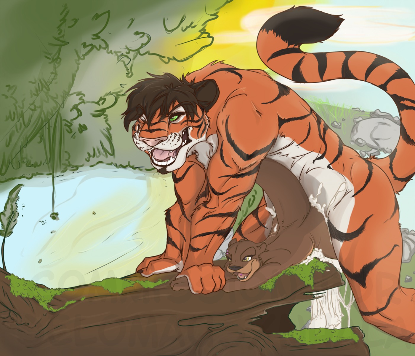 2012 all_fours amber_eyes ambiguous_penetration anonymous_artist anthro anthro_on_anthro anthro_penetrated anthro_penetrating anthro_penetrating_anthro ass_up biceps biped black_body black_fur black_hair black_nose bodily_fluids brown_body brown_fur claws countershade_face countershade_legs countershade_neck countershade_torso countershading cum cum_inside cum_on_ground deep_penetration detailed_background digital_drawing_(artwork) digital_media_(artwork) doggystyle duo e621 excessive_cum excessive_genital_fluids eyelashes fangs felid female female_penetrated fingers from_behind_position fur genital_fluids hair hi_res interspecies larger_anthro larger_male leaking living_condom log male male/female male_penetrating male_penetrating_female mammal markings messy moss multicolored_body multicolored_fur muscular mustelid nude open_mouth orange_body orange_fur orgasm otter outside pantherine pecs penetration piercing pink_nose pink_tongue plant pyruss sex shanaa sharp_teeth size_difference smaller_female smaller_penetrated stripes tail teeth tiger tongue tongue_piercing white_body white_countershading white_fur wood yellow_eyes