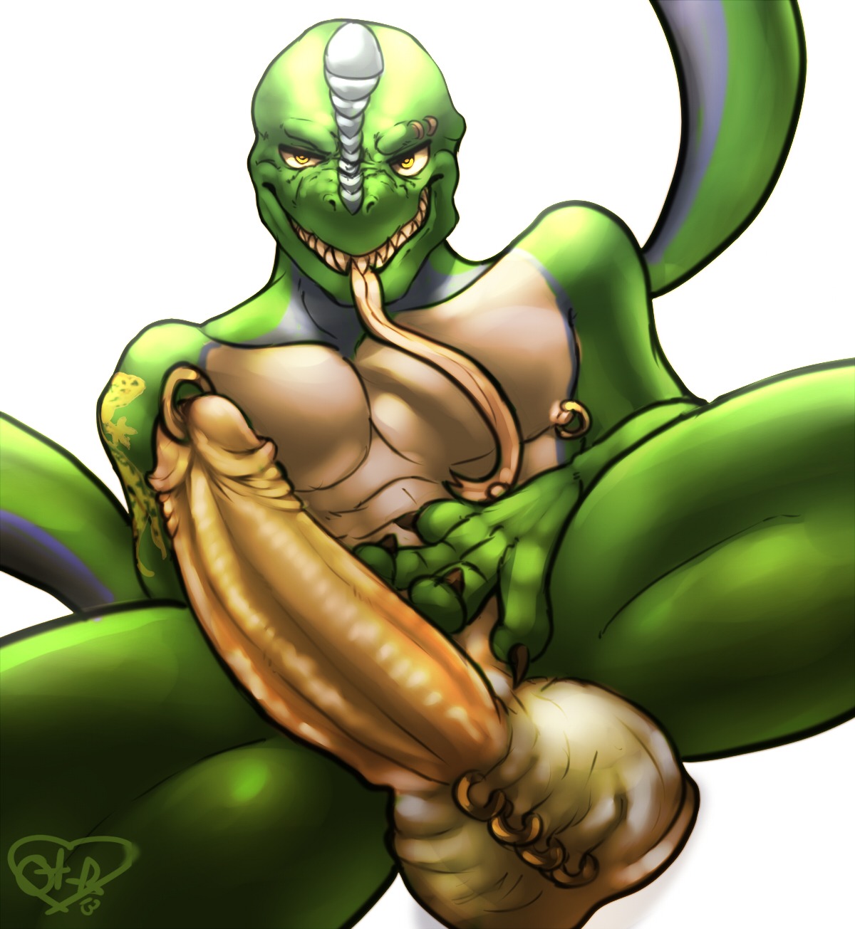 2013 abs anthro bald balls biped blue_body blue_skin chumbasket close-up digital_media_(artwork) e621 emerald_swift erection eyebrow_piercing eyebrow_ring facial_piercing genital_piercing genitals glans green_body green_nose green_skin happy hi_res humanoid_genitalia humanoid_penis ladder_piercing lizard male multiple_piercings muscular muscular_anthro muscular_male nipple_piercing nipple_ring nipples pecs penis penis_piercing piercing pink_body pink_skin prince_albert_piercing ral-jiktar reptile ring_piercing scalie scrotal_ring scrotum_ladder scrotum_piercing sharp_teeth simple_background sitting smile solo spread_legs spreading tan_penis tattoo teeth white_background yellow_body yellow_eyes yellow_skin