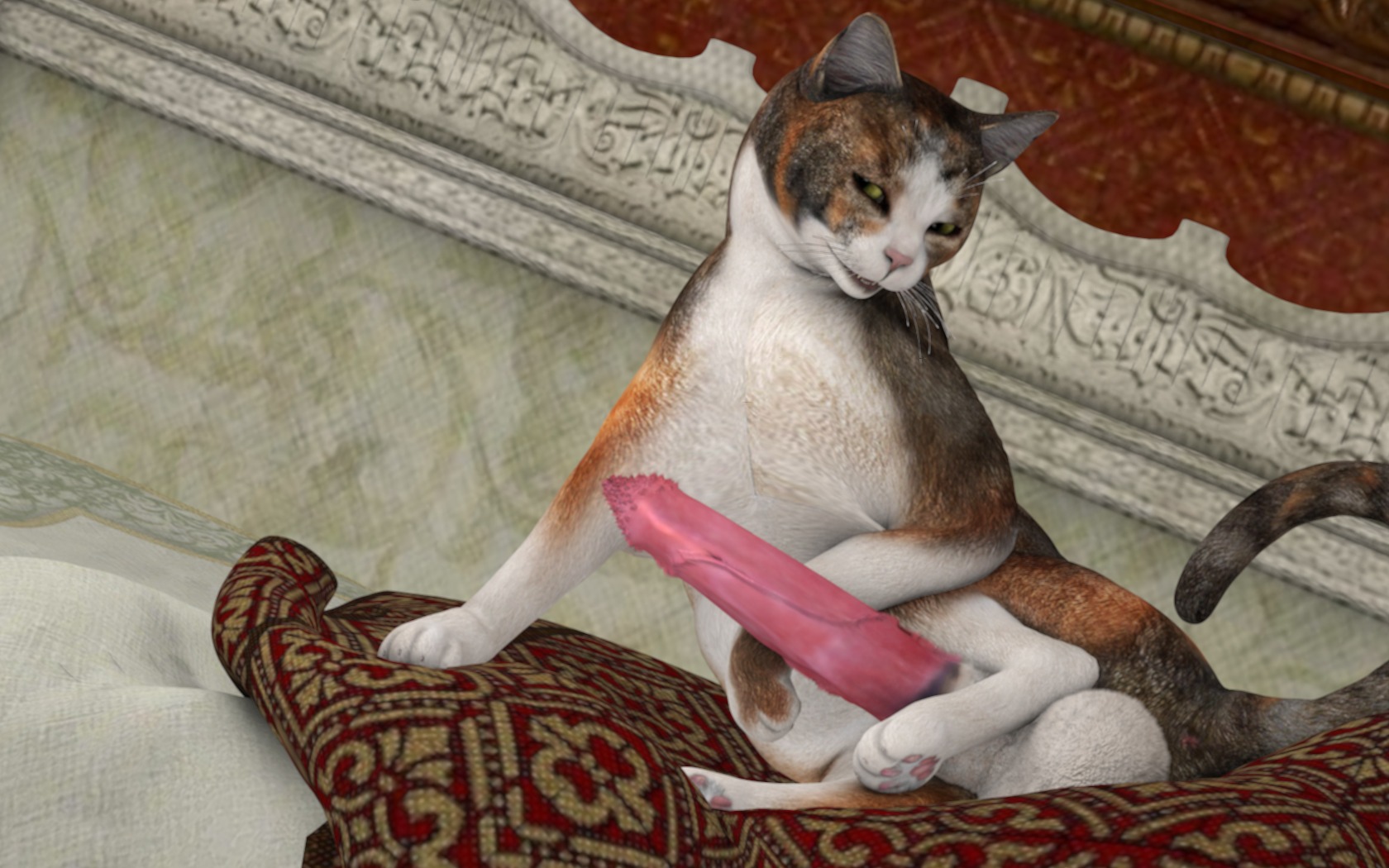 16:10 3d_(artwork) balls digital_media_(artwork) digitigrade domestic_cat e621 erection felid feline felis feral genitals hi_res hyper looking_at_viewer male mammal penile_spines penis quadruped realistic_feral small_but_hung solo tail tapiko what_has_science_done widescreen