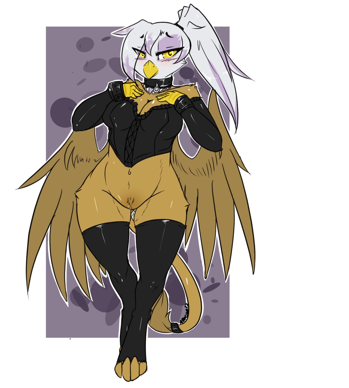 2013 anthro anthrofied armwear avante92 avian beak big_breasts blush bottomless breasts brown_body brown_feathers clothed clothing collar corset e621 elbow_gloves feathered_wings feathers female friendship_is_magic genitals gilda_(mlp) gloves gryphon hair handwear hasbro hi_res legwear lingerie my_little_pony mythological_avian mythological_creature mythology navel non-mammal_breasts ponytail pose purple_body purple_feathers skimpy solo stockings tail thigh_highs topwear underwear vulva white_body white_feathers wide_hipped_anthro wide_hipped_female wide_hips wings yellow_eyes