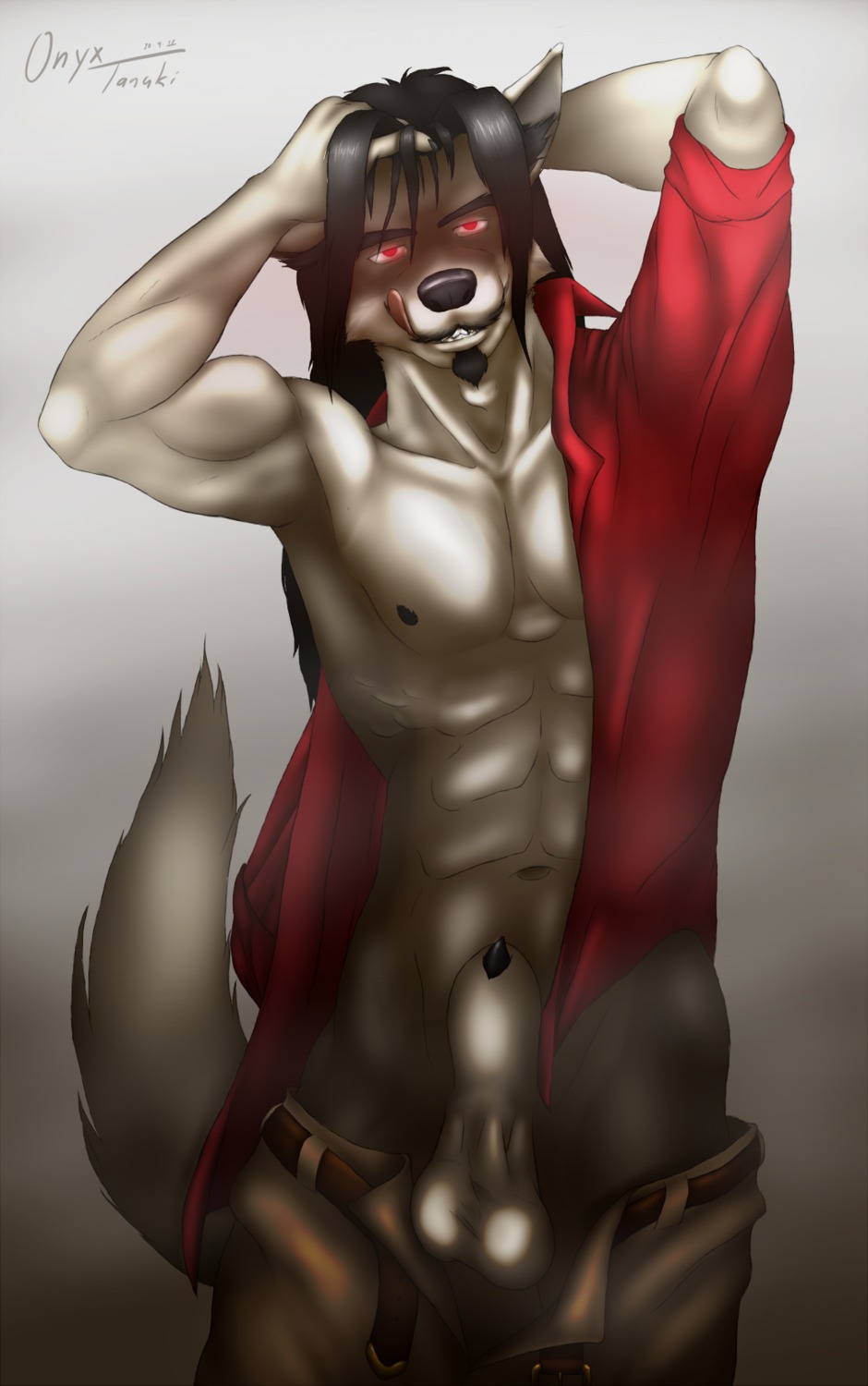 animal_genitalia anthro balls biped canid canine clothed clothing demon e621 genitals glowing glowing_eyes hi_res ishiga-san male mammal partially_clothed penis penis_tip pose seductive sheath solo standing tail