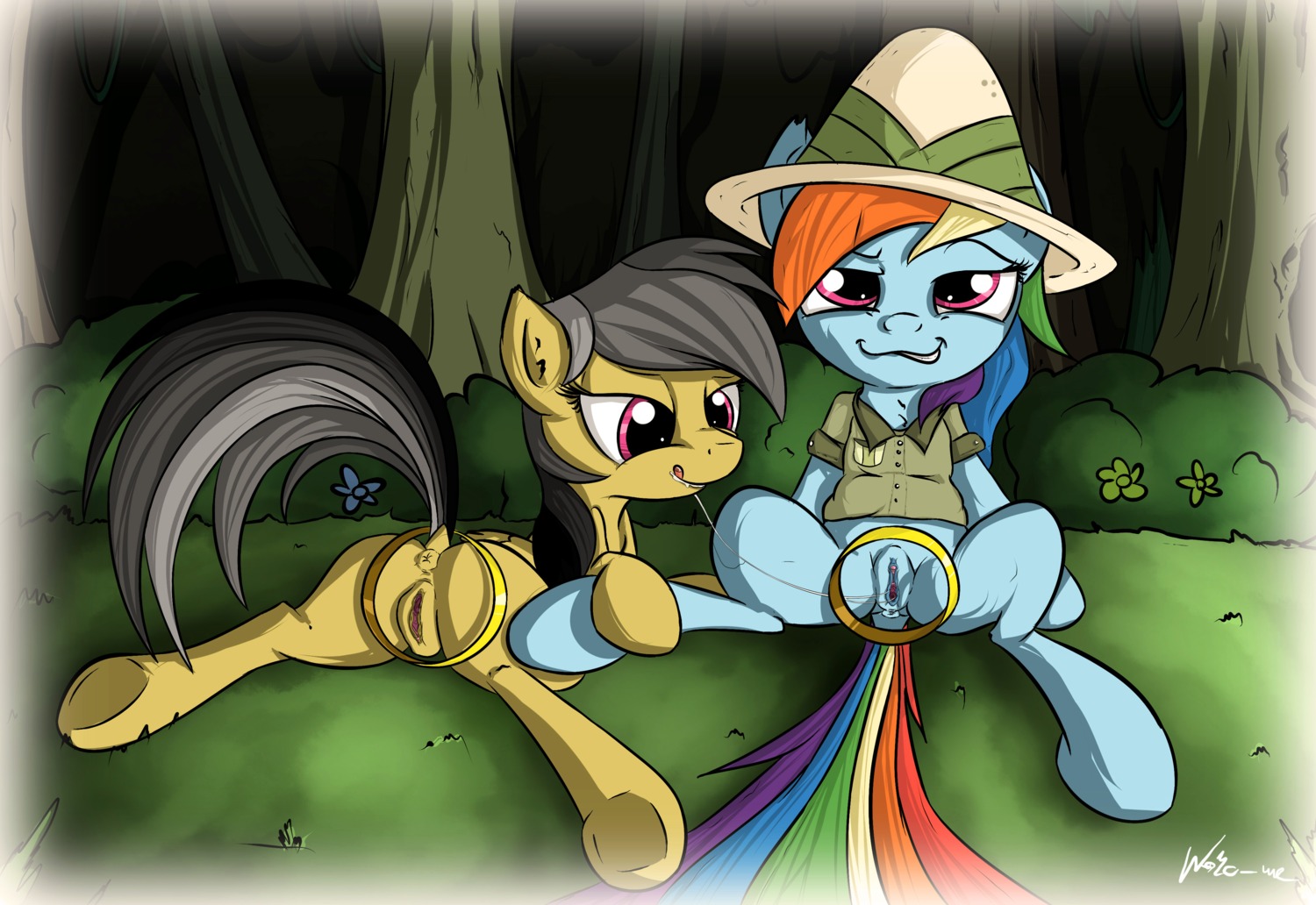 absurd_res anus armor blue_body blue_fur bodily_fluids brown_body brown_feathers clothing daring_do_(mlp) duo e621 equid equine feathered_wings feathers female female/female feral friendship_is_magic fur genital_fluids genitals grey_hair grin hair hasbro headgear helmet hi_res horse mammal multicolored_hair my_little_pony mythological_creature mythological_equine mythology neko-me orange_body orange_fur pegasus pith_helmet pony purple_eyes rainbow_dash_(mlp) rainbow_hair ring shirt sitting smile smirk spread_legs spreading teeth tongue tongue_out topwear vaginal_fluids vulva wings