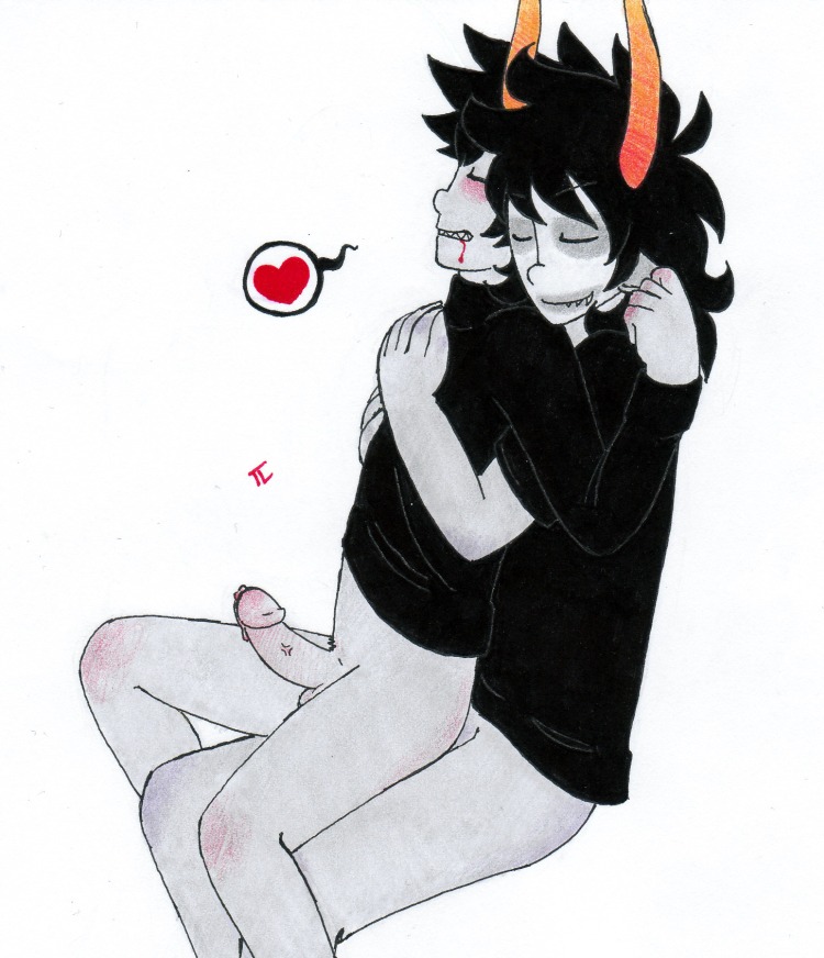 alien alien_humanoid anal anthro black_hair blush bodily_fluids duo e621 erection eyes_closed from_behind_position gamzee_makara genital_fluids genitals grey_body grey_skin hair heart_symbol homestuck horn horned_humanoid humanoid humanoid_genitalia humanoid_penis karkat_vantas male male/male male_penetrated male_penetrating male_penetrating_male ms_paint_adventures penetration penis precum sex troll_(homestuck) unknown_artist