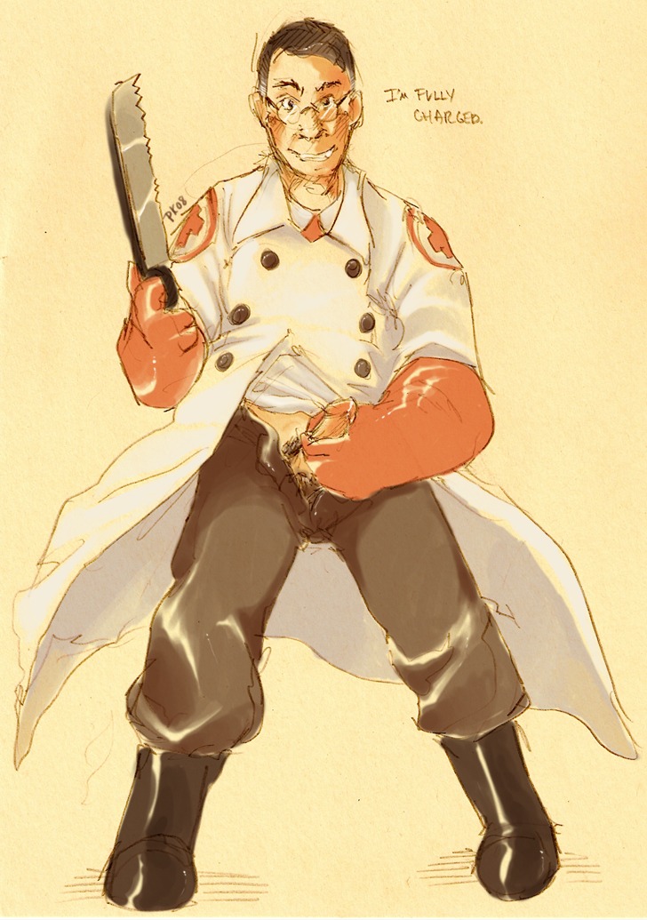 1boy 2008 blushing_profusely clothed dick_out handjob male male_only medic_(team_fortress_2) penis purplekecleon rule34 solo team_fortress_2