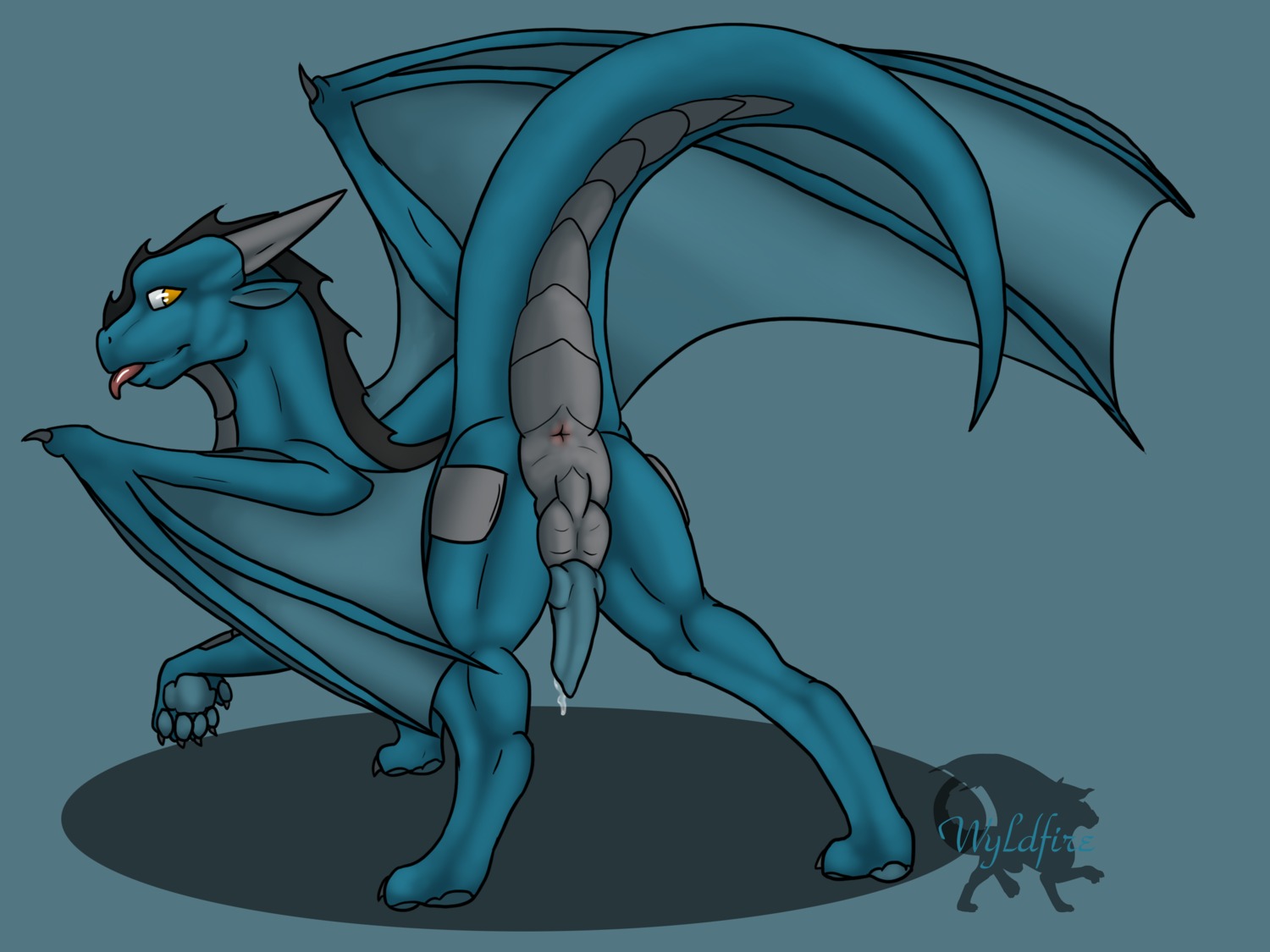 4:3 anus backsack balls bodily_fluids butt dragon e621 erection european_mythology feral genital_fluids genitals hi_res male membrane_(anatomy) membranous_wings mythological_creature mythological_scalie mythology non-mammal_balls nude penis precum presenting presenting_hindquarters scalie solo tail western_dragon wings wyld_(wyldfire7) wyldfire7