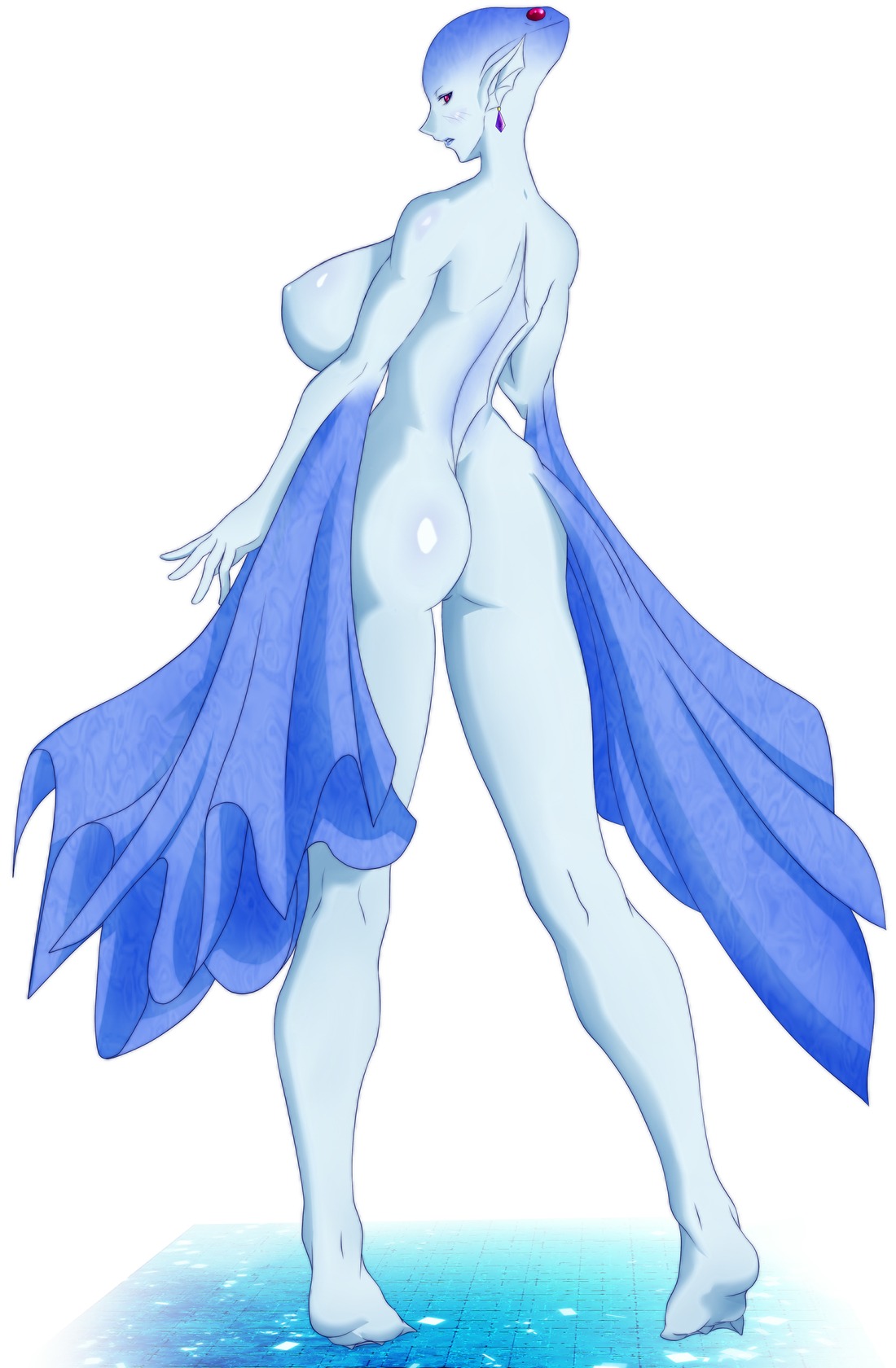 1girls alternate_breast_size ass blue_skin breasts earrings female female_only fin fish_girl highres huge_ass huge_breasts jewelry monster_girl navel no_nipples nude ocarina_of_time pointy_ears princess_ruto red_eyes rule34 solo tatsu_(pixiv842876) the_legend_of_zelda webbed_feet zora