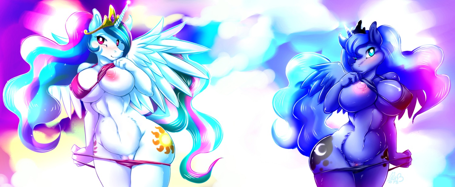 abstract_background anthro anthrofied big_breasts bikini blue_body blue_fur breasts clitoris clothed clothing crown cutie_mark duo e621 equid equine feathered_wings feathers female friendship_is_magic fur genitals green_eyes hair hasbro headgear hi_res horn inuki looking_at_viewer mammal multicolored_hair my_little_pony mythological_creature mythological_equine mythology nipple_slip nipples princess princess_celestia_(mlp) princess_luna_(mlp) purple_eyes red_eyes royalty simple_background skimpy swimwear tail teal_eyes tiara tight_clothing two-piece_swimsuit vulva white_body white_fur winged_unicorn wings