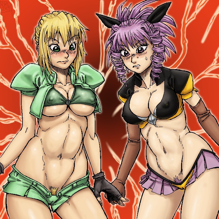 2girls breasts cleavage covered_nipples elgala excel excel_saga female micro_shorts multiple_females multiple_girls pubic_hair pubic_hair_peek revealing_clothes rule34 shorts spidu tagme underboob
