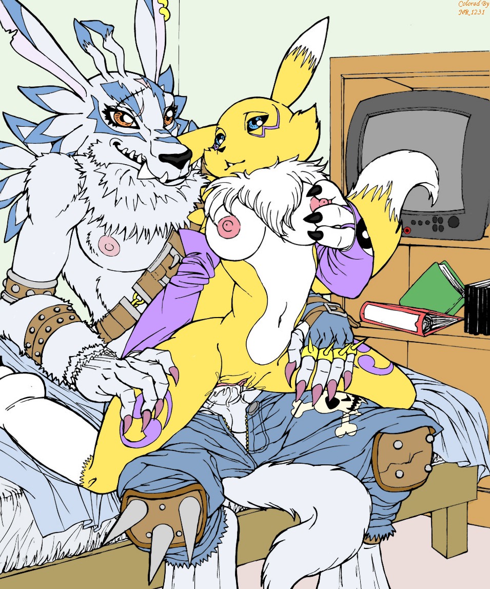 anthro anthro_on_anthro bandai_namco bed black_sclera bodily_fluids bottomwear breasts canid canine clothed clothing cum cum_in_vagina cum_inside digimon digimon_(species) dipstick_tail duo e621 erection female female_penetrated fondling fur furniture genital_fluids genitals male male/female male_penetrating male_penetrating_female mammal markings mostly_nude nipples open_bottomwear open_clothing open_pants pants penetration penile penile_penetration penis penis_in_vagina renamon sex tail tail_markings topless unknown_artist vaginal vaginal_penetration vulva weregarurumon white_body white_fur yellow_body yellow_fur